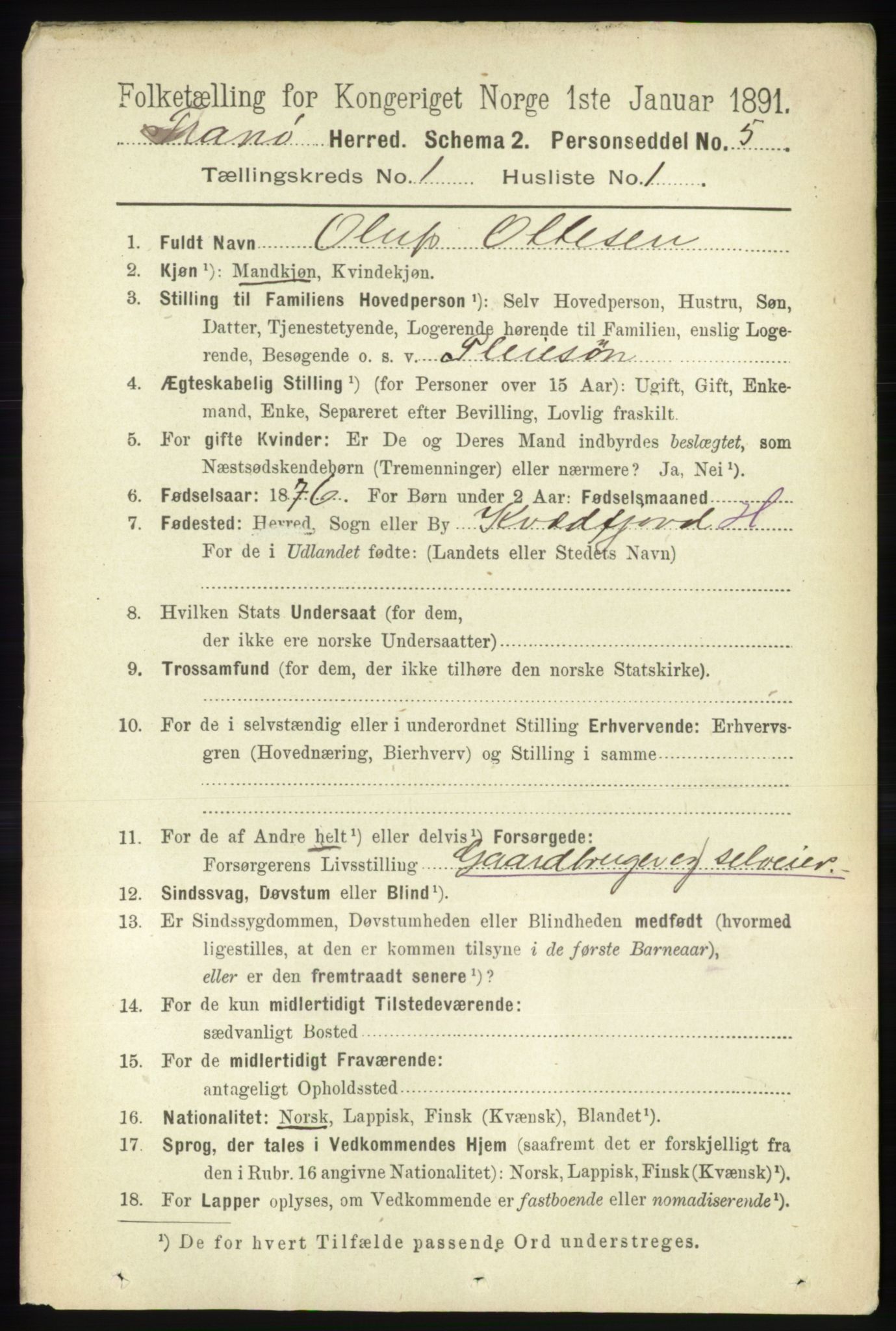 RA, 1891 census for 1927 Tranøy, 1891, p. 71