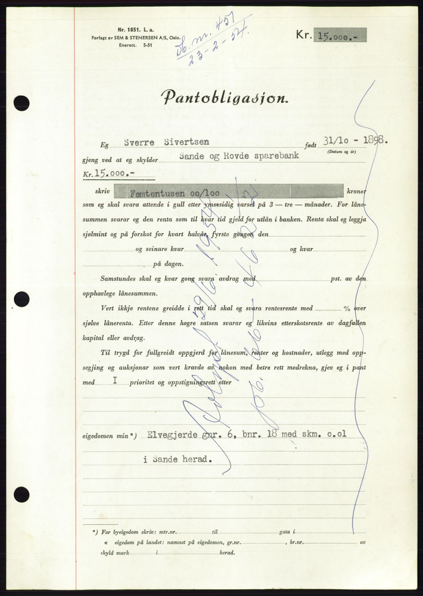 Søre Sunnmøre sorenskriveri, AV/SAT-A-4122/1/2/2C/L0124: Mortgage book no. 12B, 1953-1954, Diary no: : 451/1954