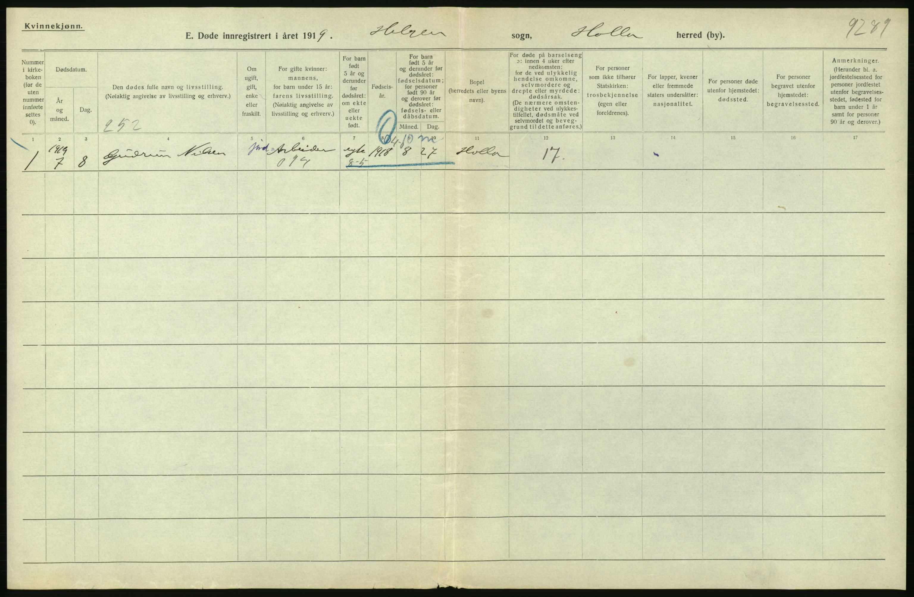 Statistisk sentralbyrå, Sosiodemografiske emner, Befolkning, RA/S-2228/D/Df/Dfb/Dfbi/L0023: Telemark fylke: Døde. Bygder og byer., 1919, p. 254