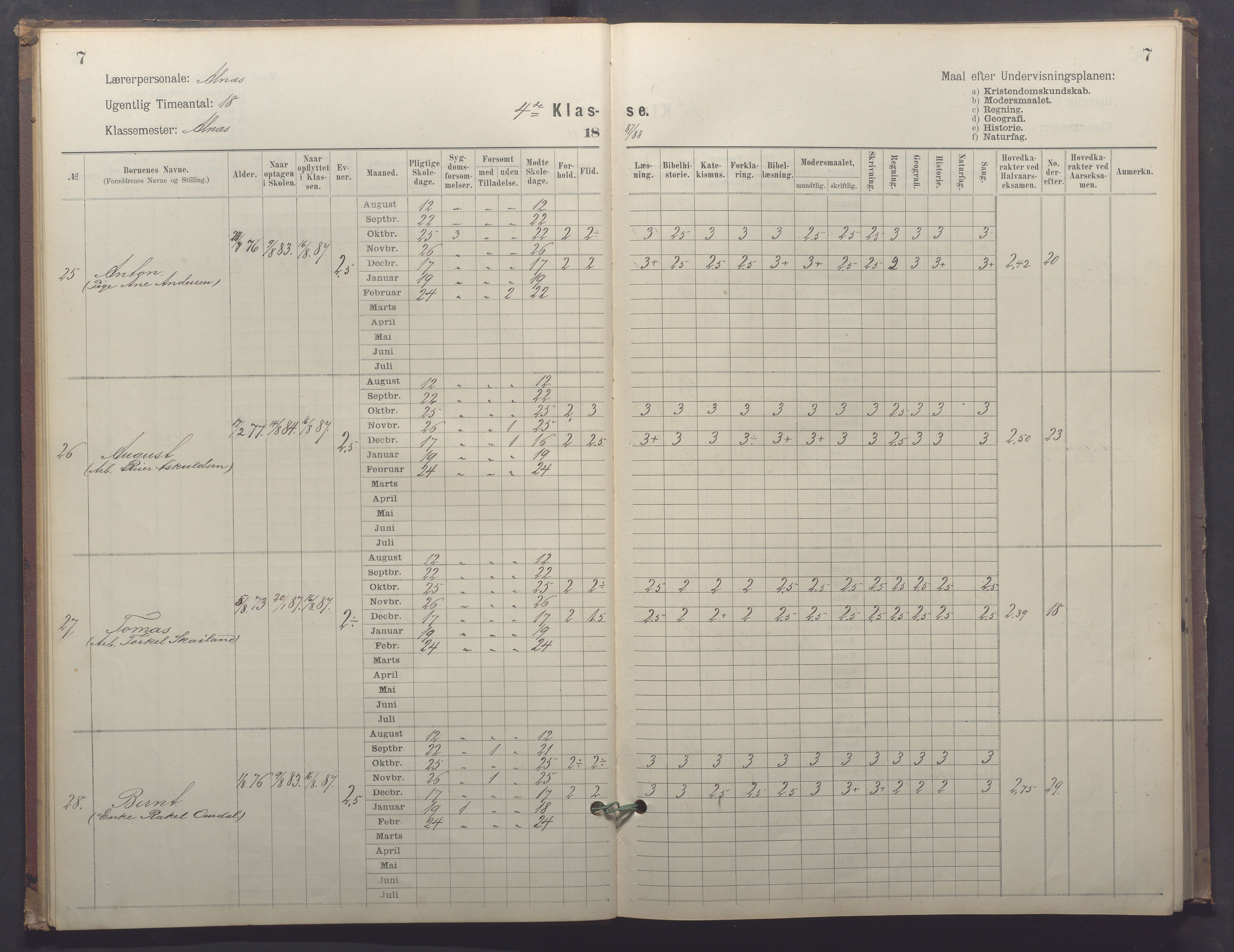 Egersund kommune (Ladested) - Egersund almueskole/folkeskole, IKAR/K-100521/H/L0025: Skoleprotokoll - Almueskolen, 4. klasse, 1887-1892, p. 7