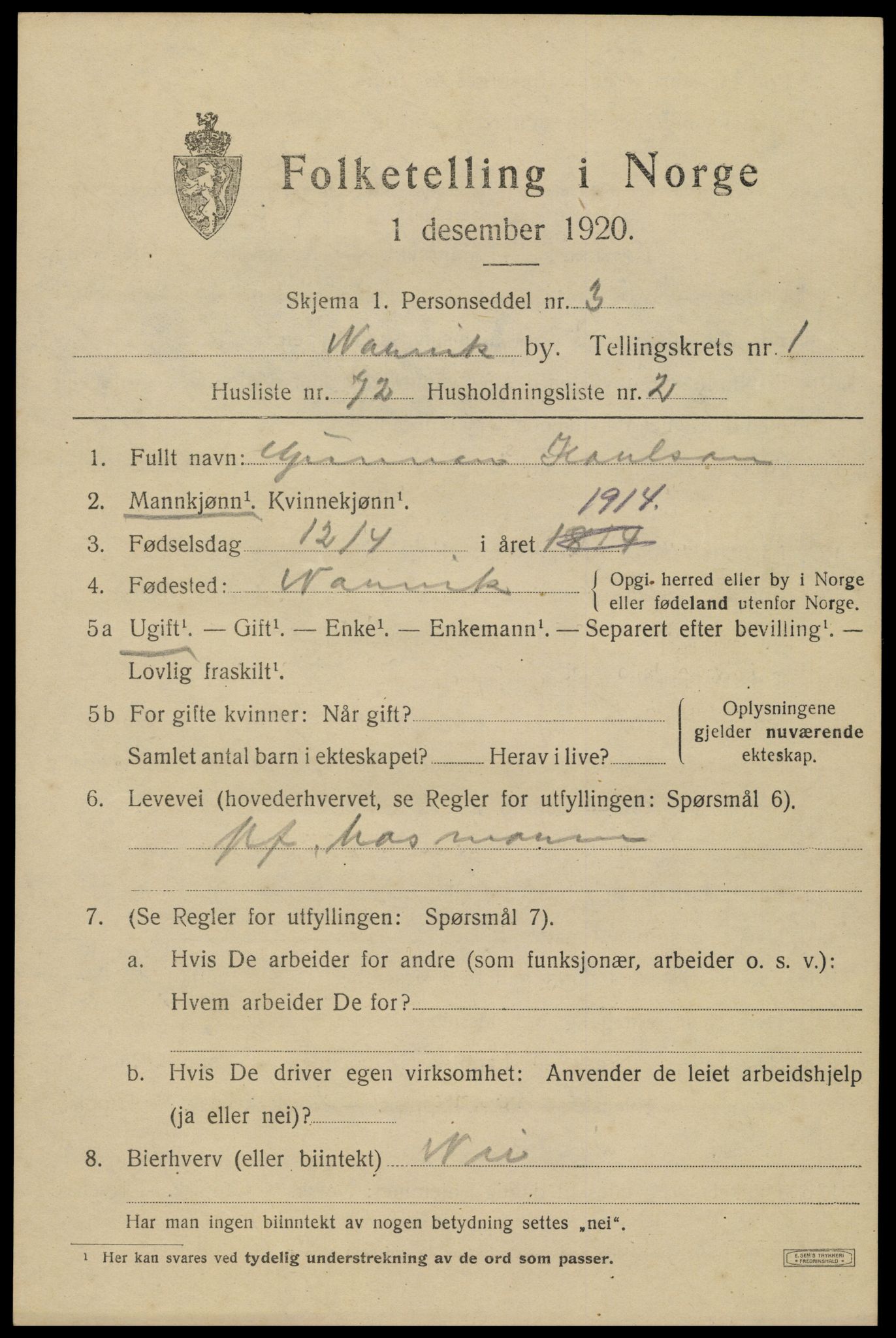 SAT, 1920 census for Narvik, 1920, p. 5196