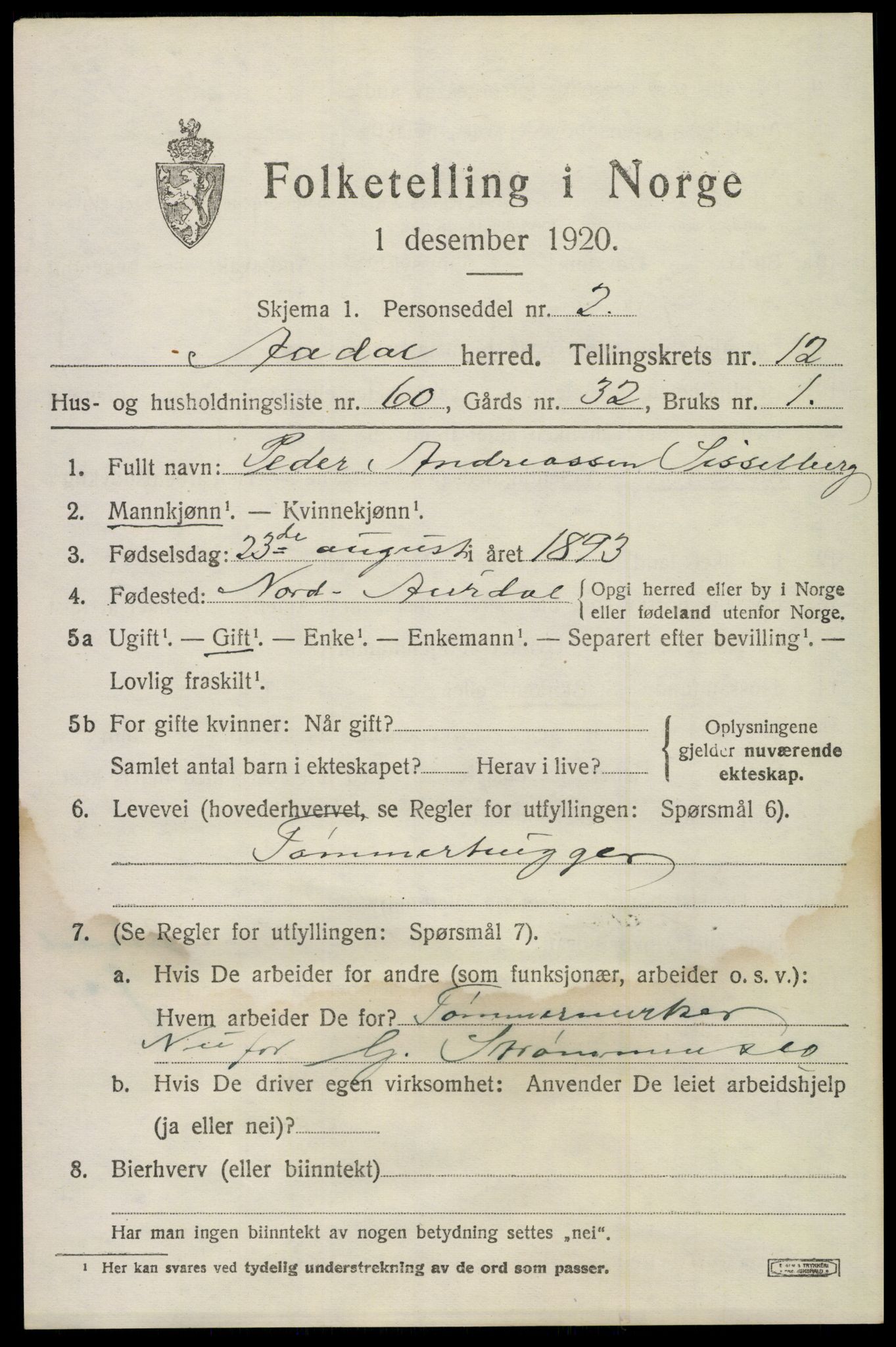 SAKO, 1920 census for Ådal, 1920, p. 7658