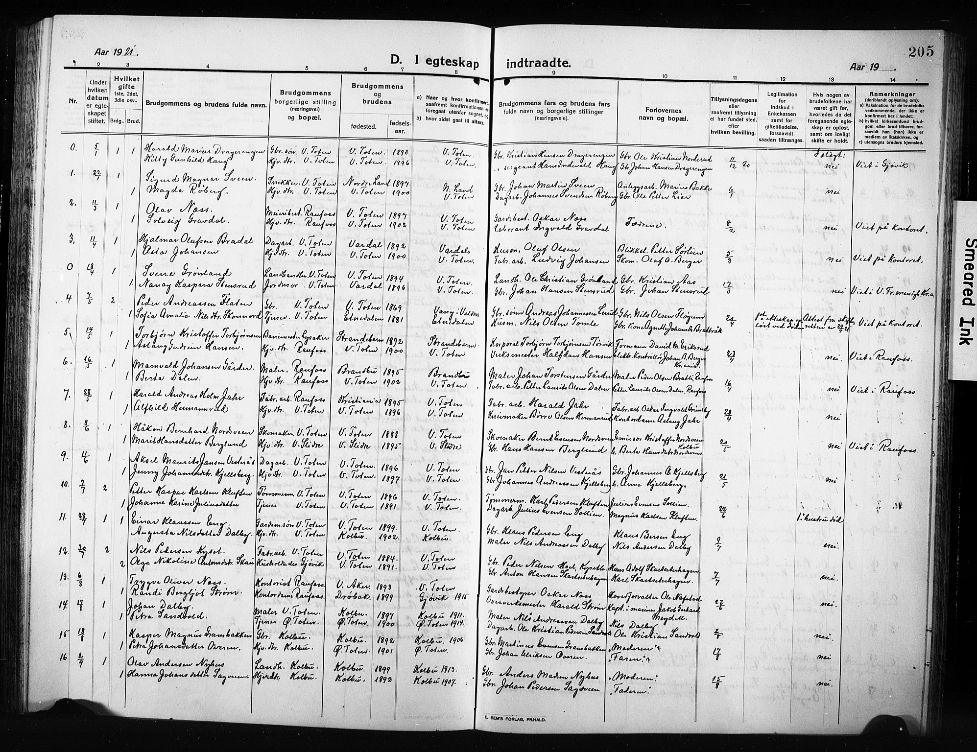 Vestre Toten prestekontor, SAH/PREST-108/H/Ha/Hab/L0012: Parish register (copy) no. 12, 1909-1928, p. 205