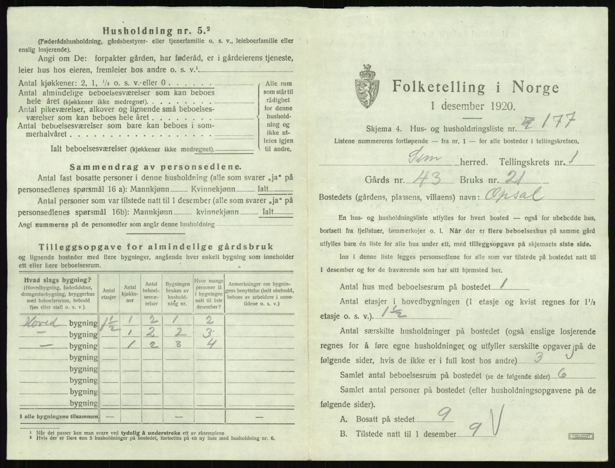 SAKO, 1920 census for Sem, 1920, p. 426