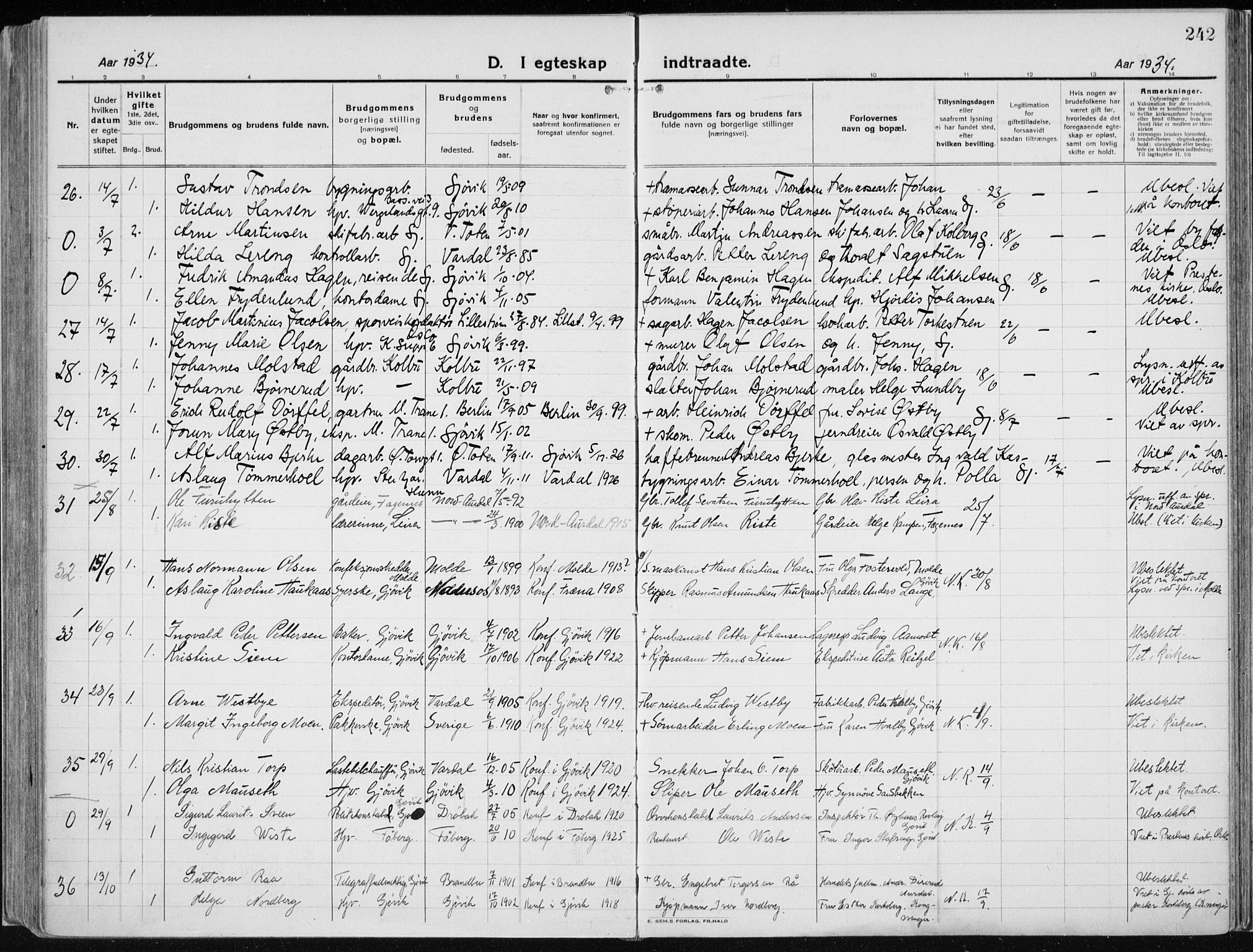 Vardal prestekontor, AV/SAH-PREST-100/H/Ha/Haa/L0015: Parish register (official) no. 15, 1923-1937, p. 242