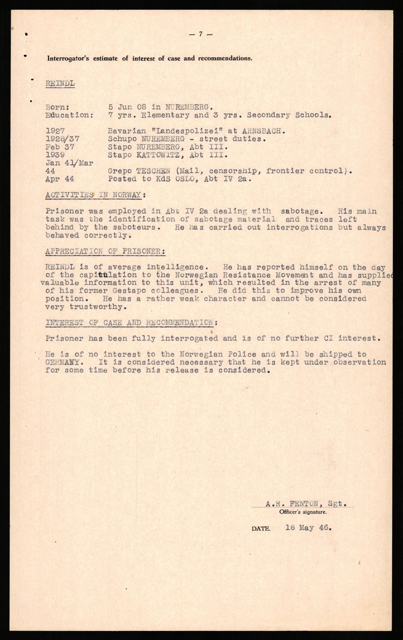 Forsvaret, Forsvarets overkommando II, AV/RA-RAFA-3915/D/Db/L0027: CI Questionaires. Tyske okkupasjonsstyrker i Norge. Tyskere., 1945-1946, p. 139