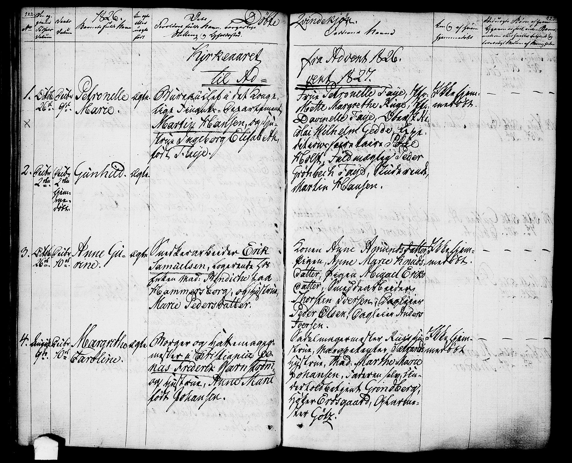 Oslo domkirke Kirkebøker, SAO/A-10752/F/Fa/L0010: Parish register (official) no. 10, 1824-1830, p. 222-223