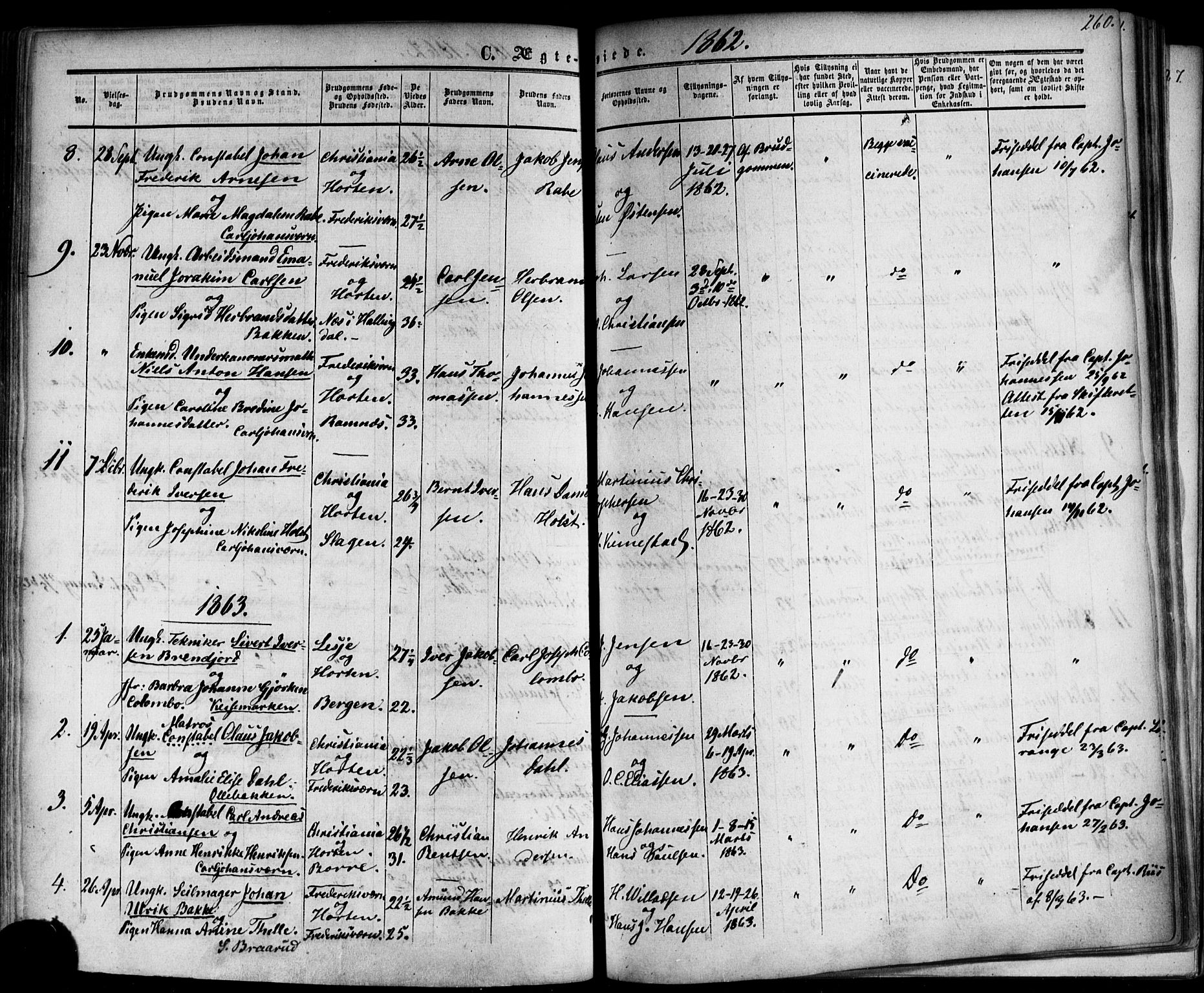 Horten kirkebøker, AV/SAKO-A-348/F/Fa/L0001: Parish register (official) no. 1, 1855-1871, p. 260