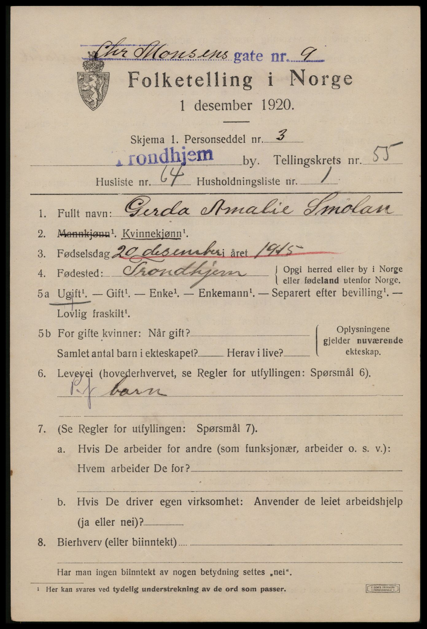 SAT, 1920 census for Trondheim, 1920, p. 113362