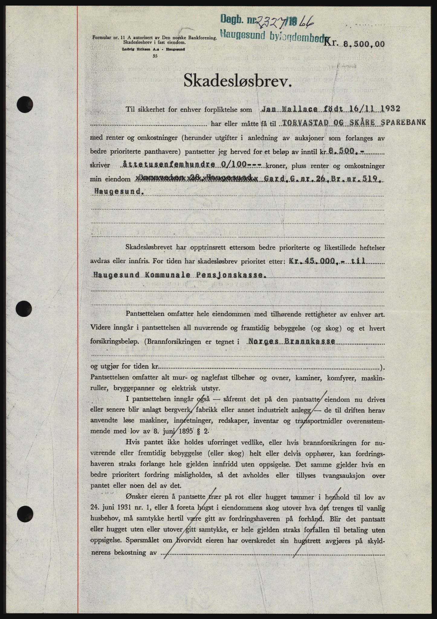 Haugesund tingrett, AV/SAST-A-101415/01/II/IIC/L0055: Mortgage book no. B 55, 1966-1966, Diary no: : 2327/1966