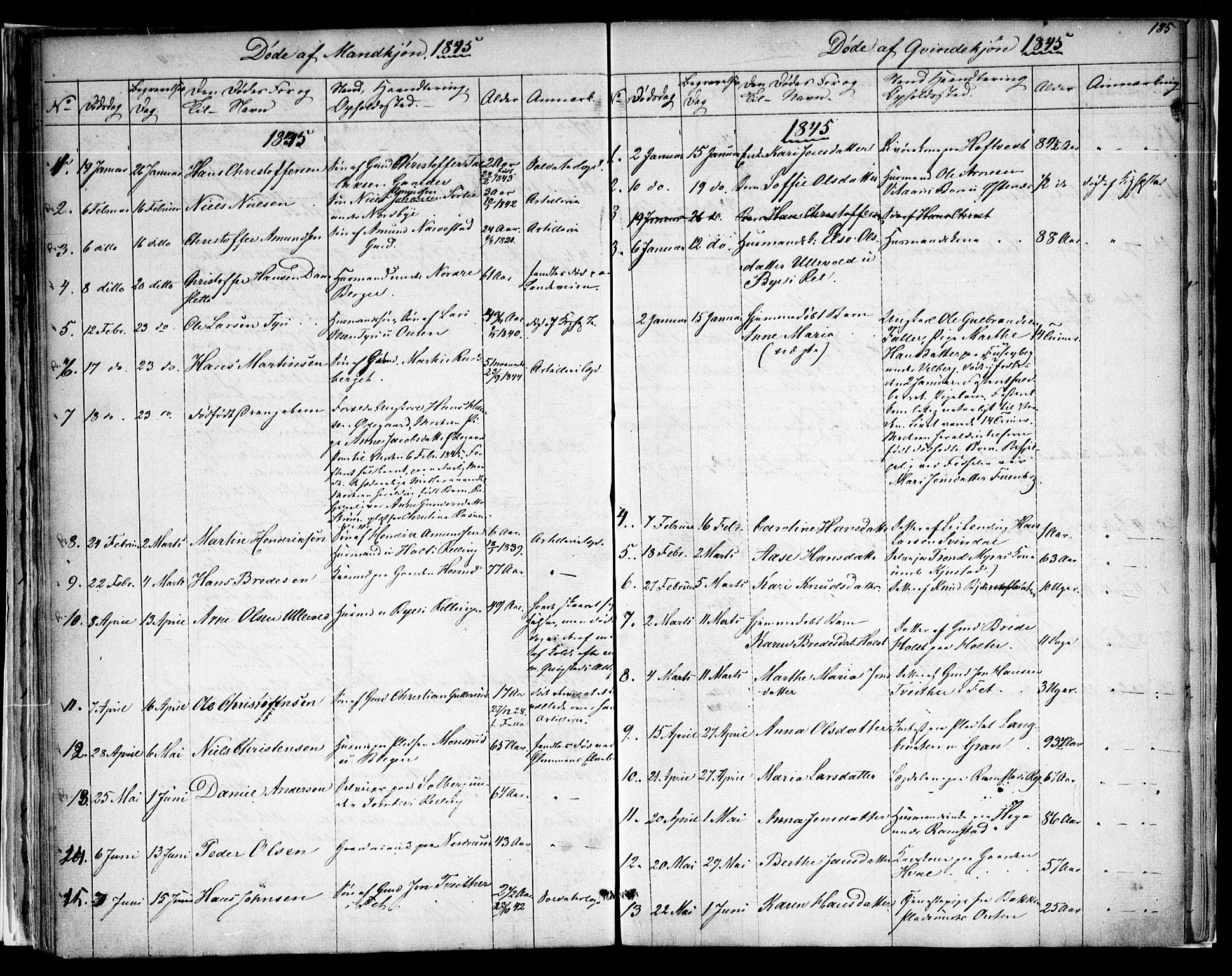 Fet prestekontor Kirkebøker, SAO/A-10370a/F/Fa/L0009: Parish register (official) no. I 9, 1843-1846, p. 185