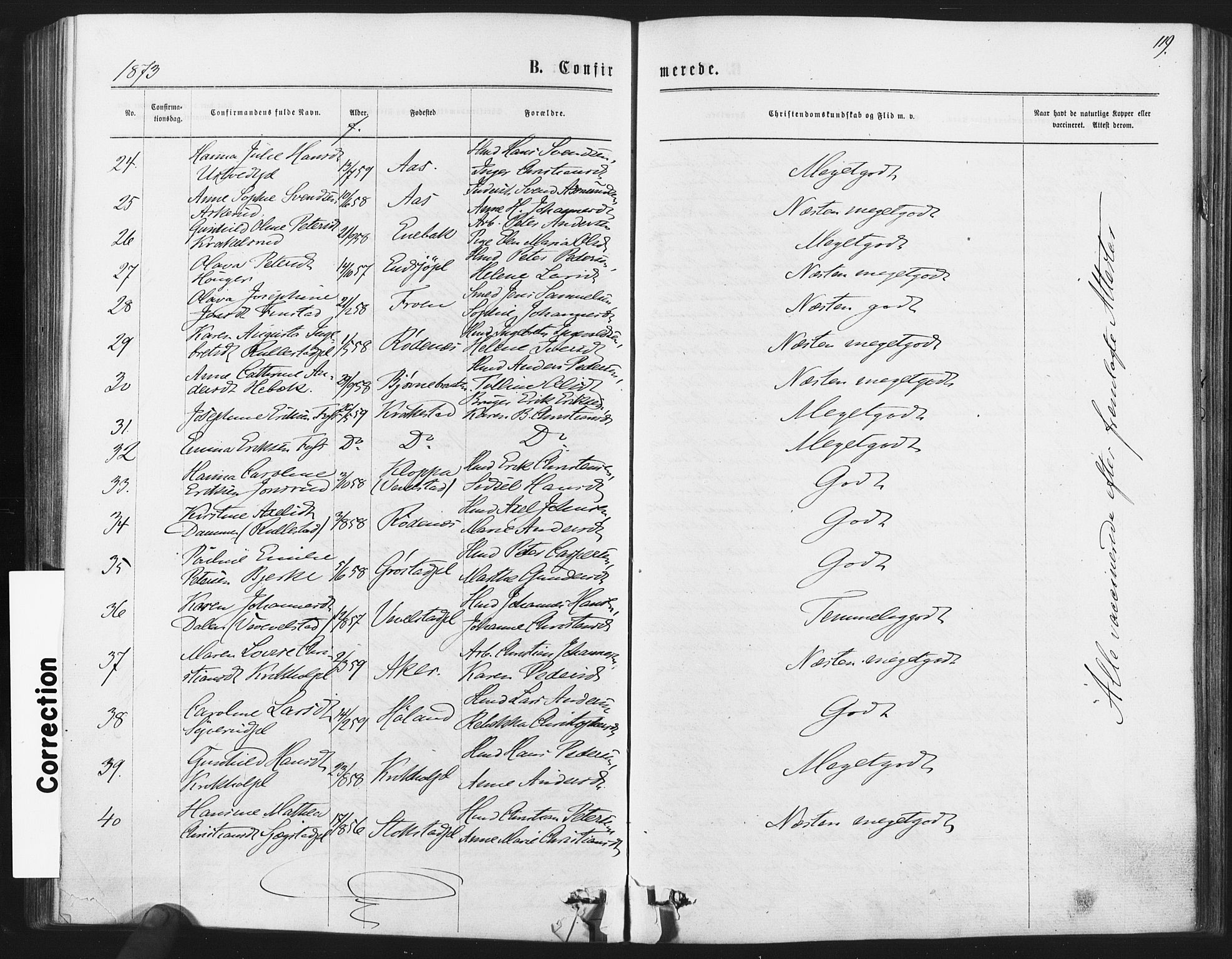 Kråkstad prestekontor Kirkebøker, AV/SAO-A-10125a/F/Fa/L0008: Parish register (official) no. I 8, 1870-1879, p. 119