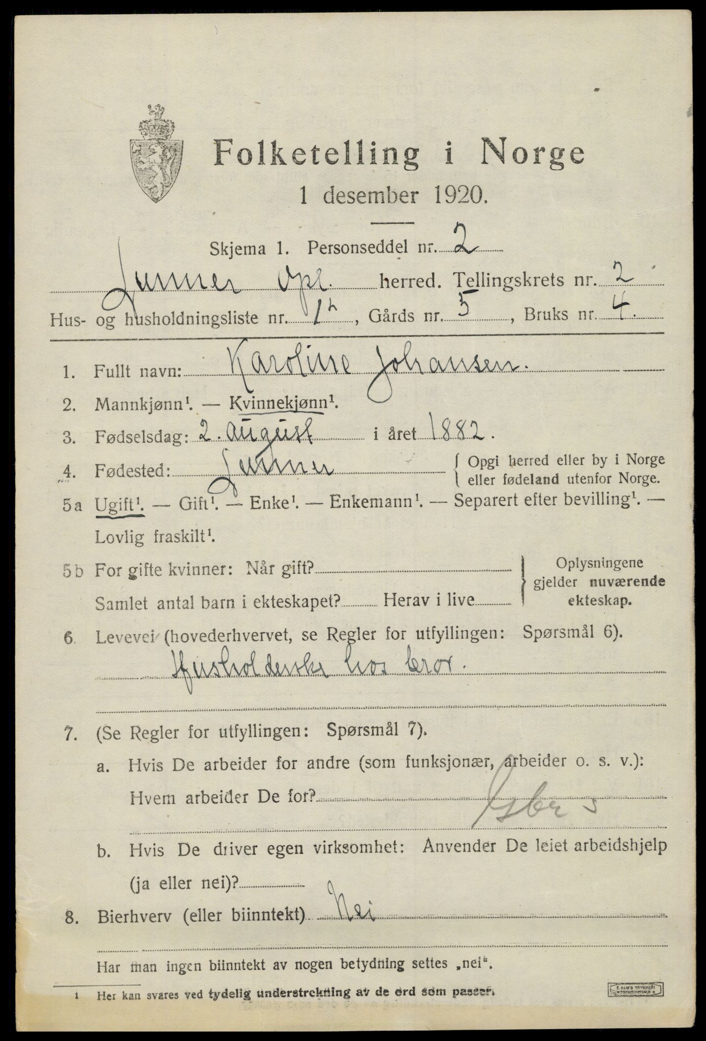 SAH, 1920 census for Lunner, 1920, p. 2869