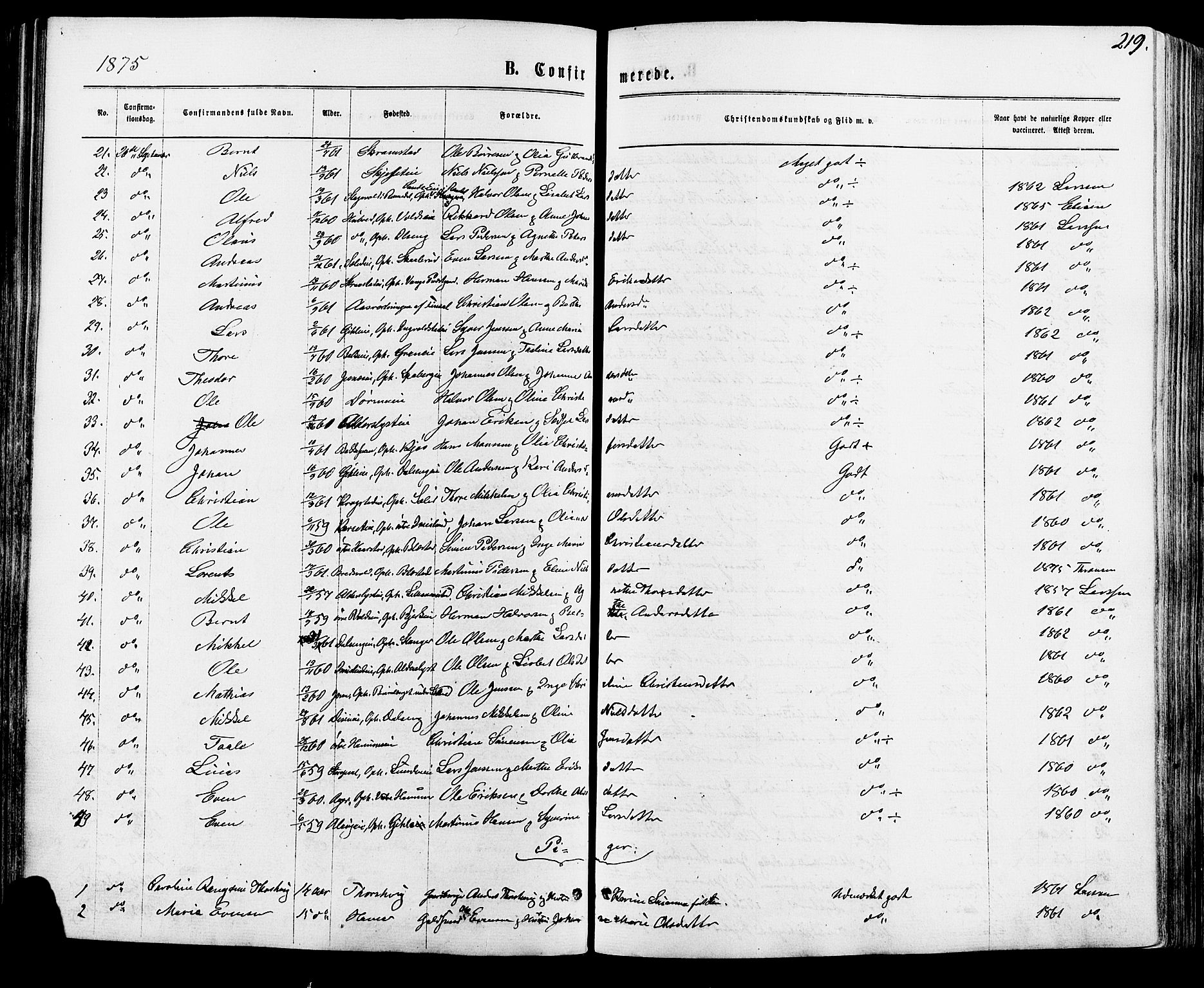 Vang prestekontor, Hedmark, SAH/PREST-008/H/Ha/Haa/L0015: Parish register (official) no. 15, 1871-1885, p. 219