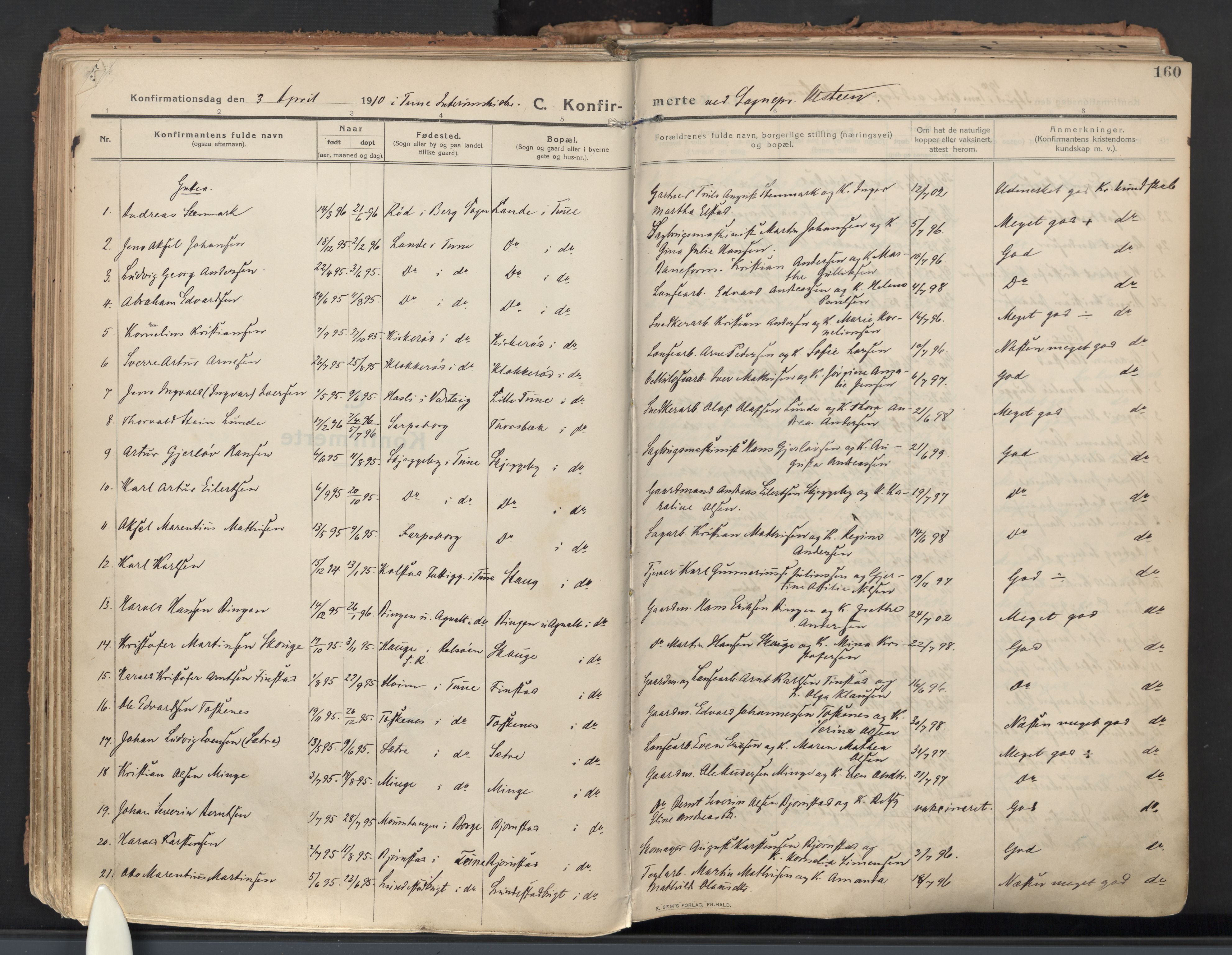 Tune prestekontor Kirkebøker, AV/SAO-A-2007/F/Fa/L0021: Parish register (official) no. 21, 1910-1916, p. 160