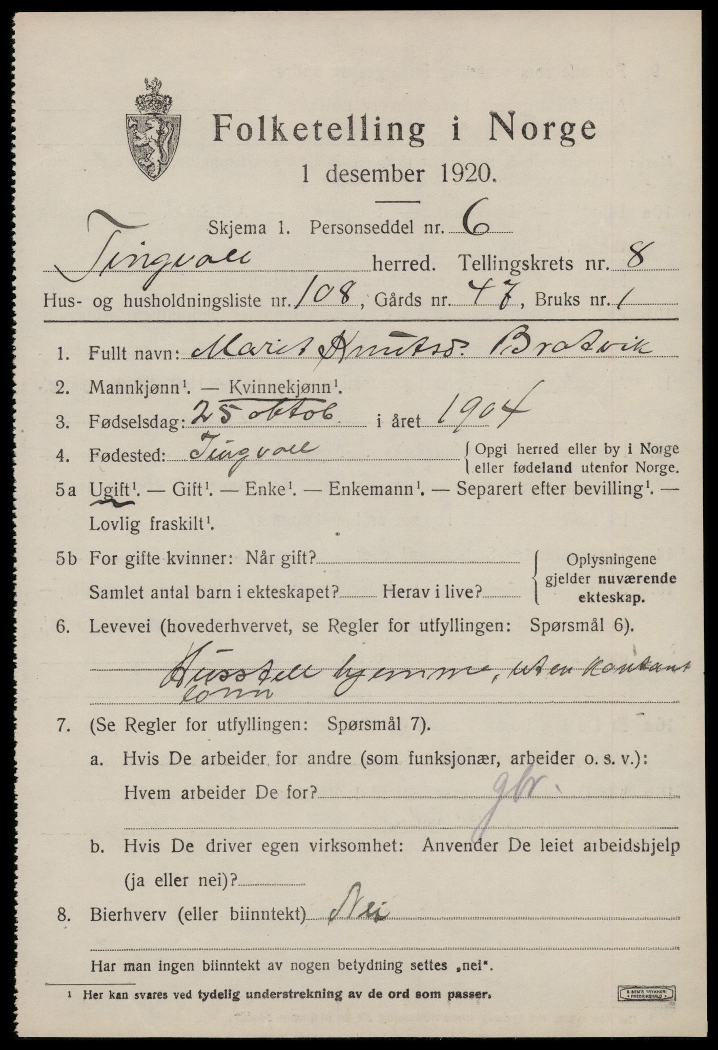 SAT, 1920 census for Tingvoll, 1920, p. 5088