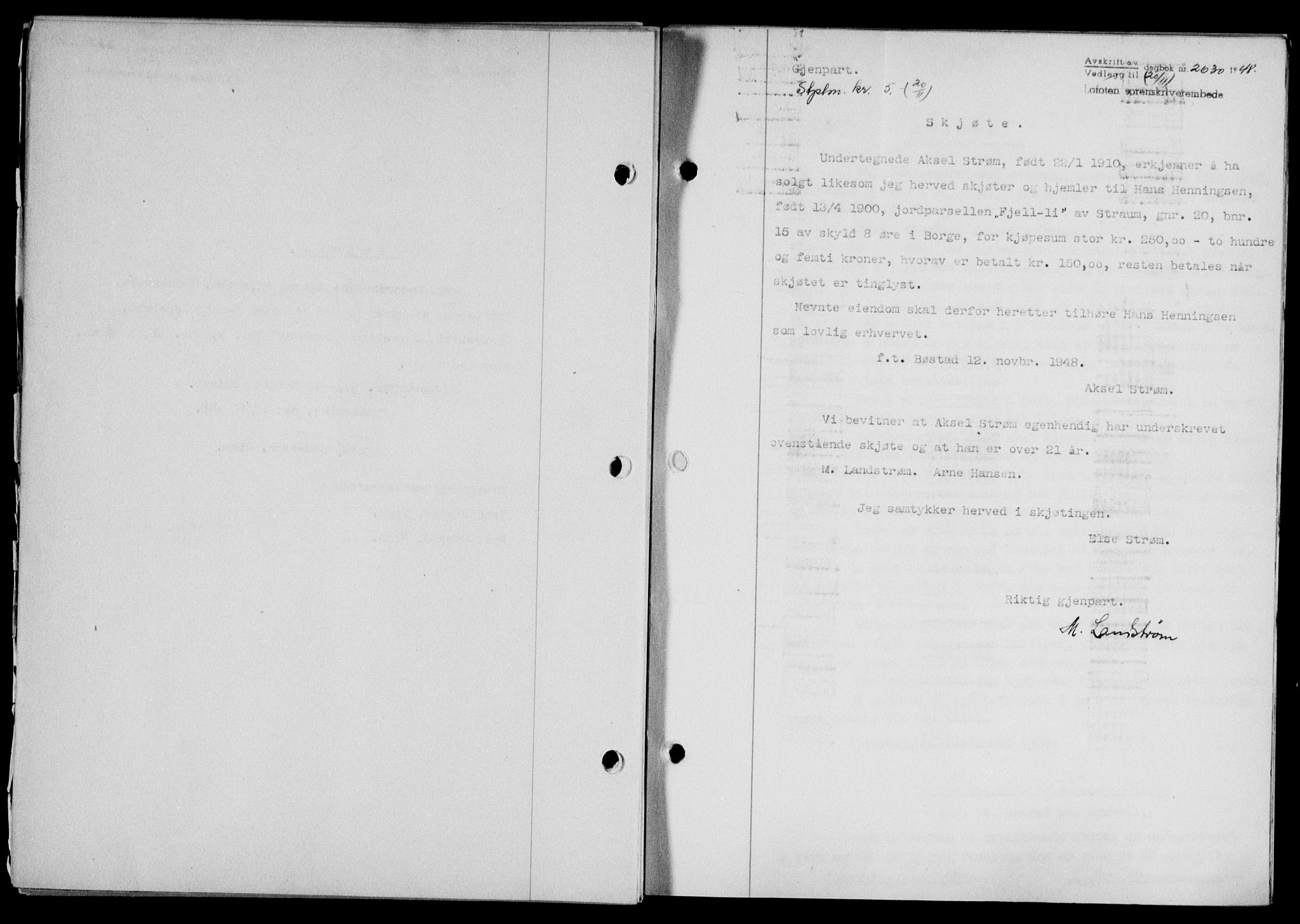 Lofoten sorenskriveri, SAT/A-0017/1/2/2C/L0019a: Mortgage book no. 19a, 1948-1948, Diary no: : 2630/1948