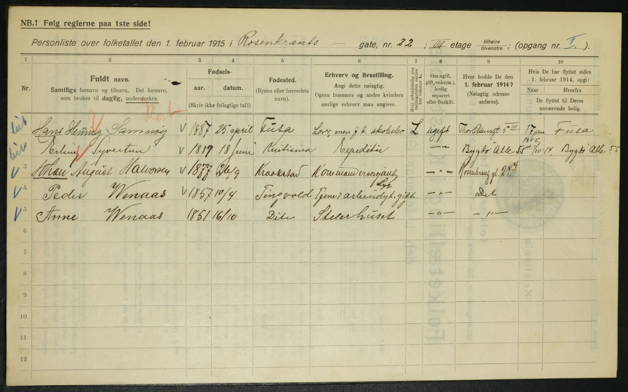 OBA, Municipal Census 1915 for Kristiania, 1915, p. 83698