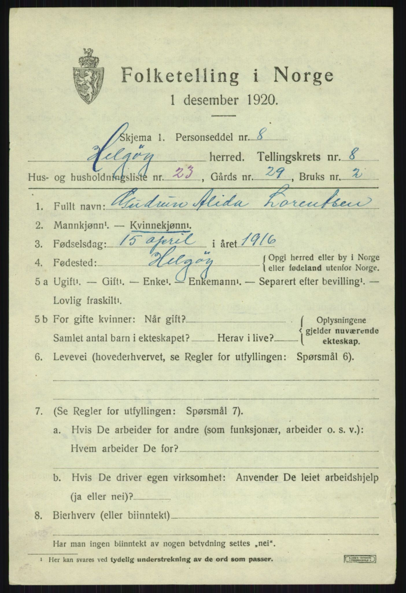 SATØ, 1920 census for Helgøy, 1920, p. 3206