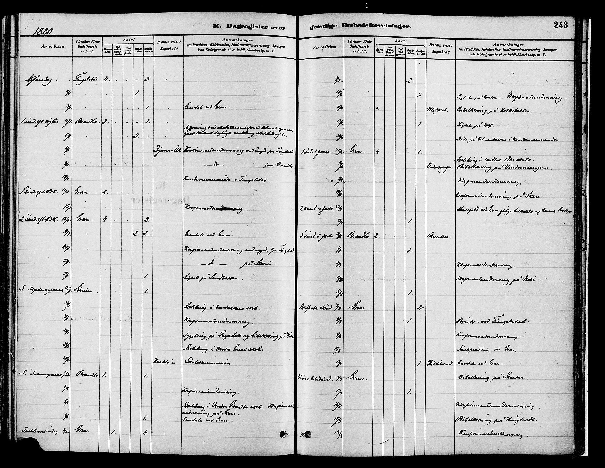 Gran prestekontor, SAH/PREST-112/H/Ha/Haa/L0014: Parish register (official) no. 14, 1880-1889, p. 243