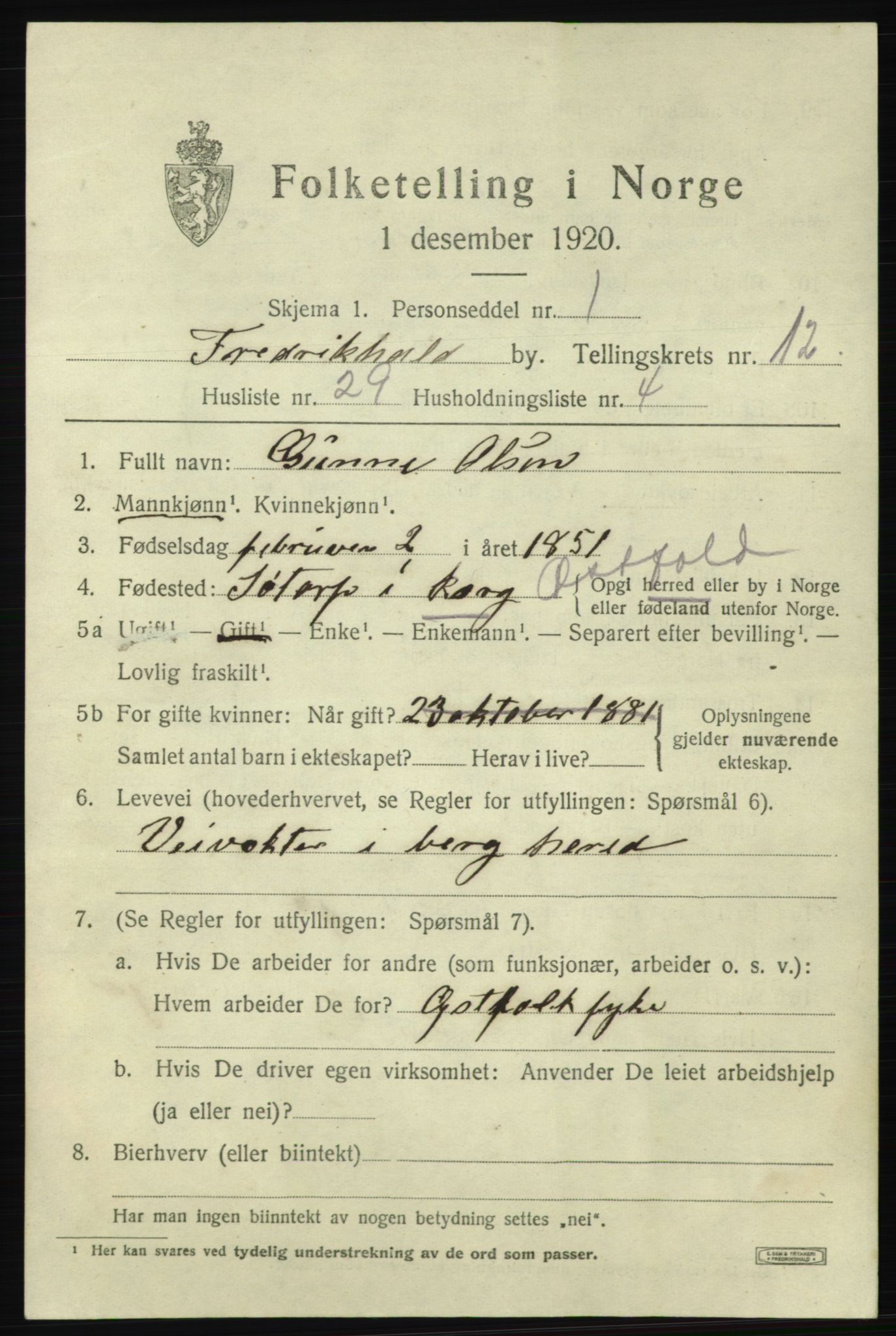 SAO, 1920 census for Fredrikshald, 1920, p. 20549