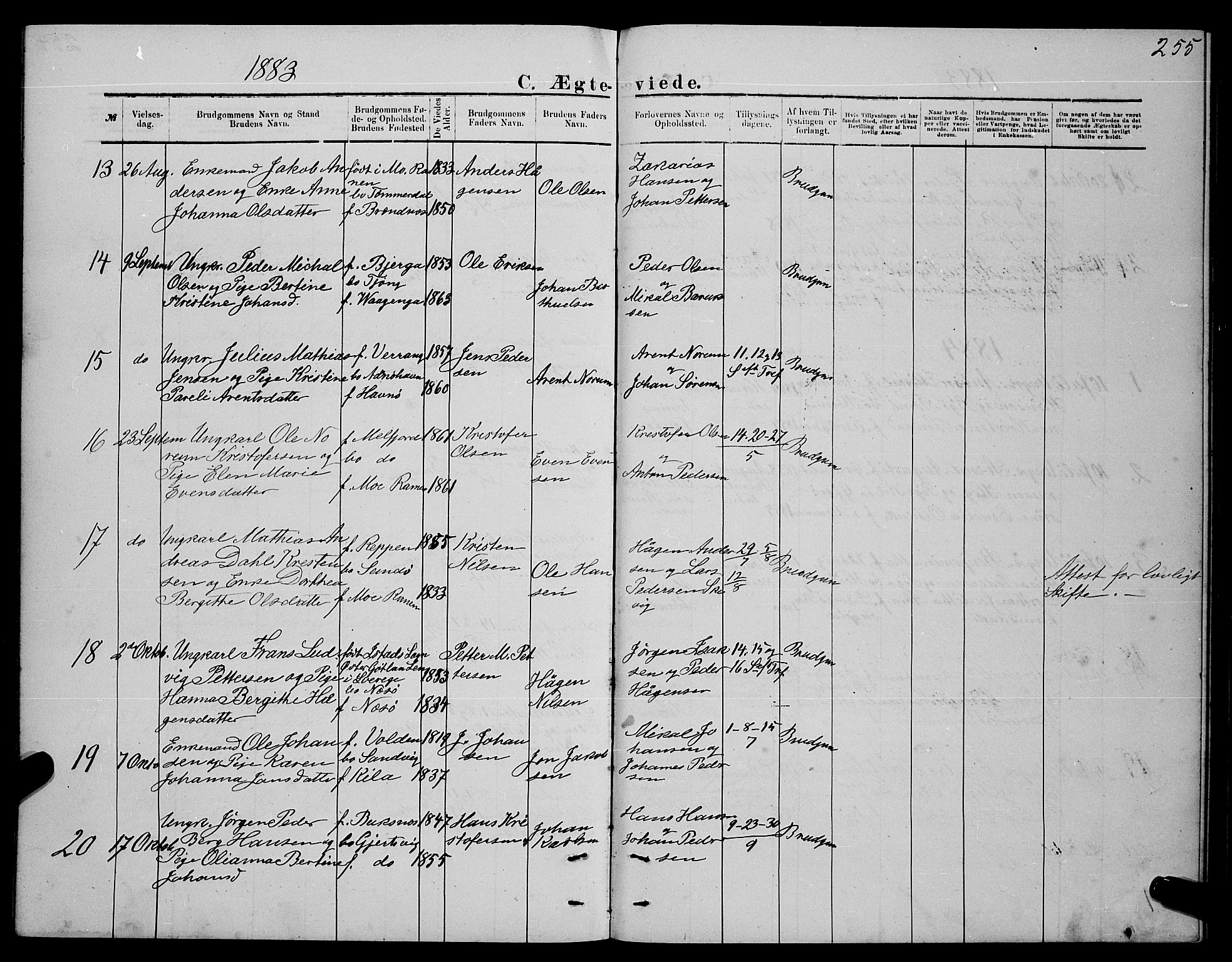 Ministerialprotokoller, klokkerbøker og fødselsregistre - Nordland, AV/SAT-A-1459/841/L0620: Parish register (copy) no. 841C04, 1877-1896, p. 255