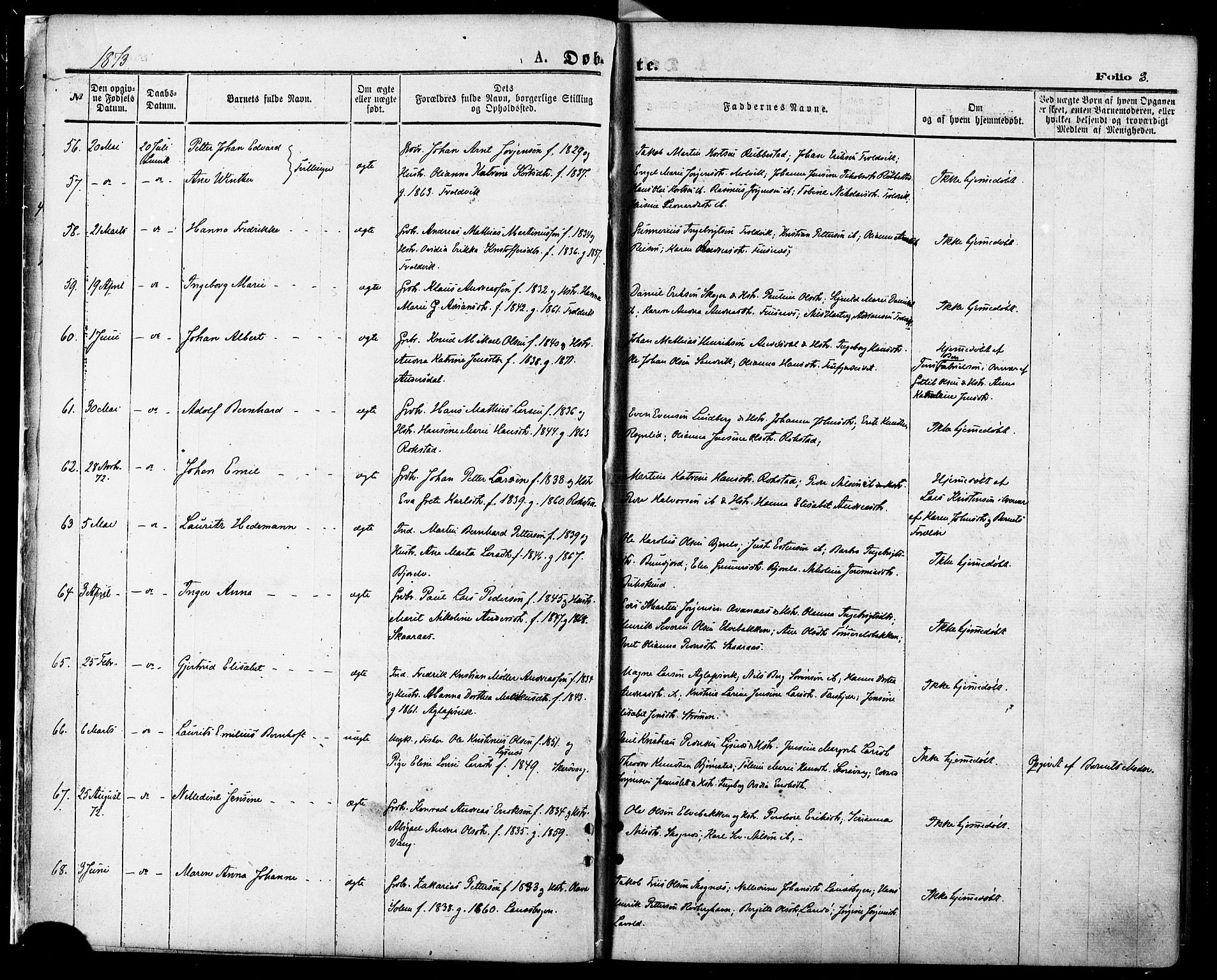 Lenvik sokneprestembete, SATØ/S-1310/H/Ha/Haa/L0010kirke: Parish register (official) no. 10, 1873-1880, p. 3