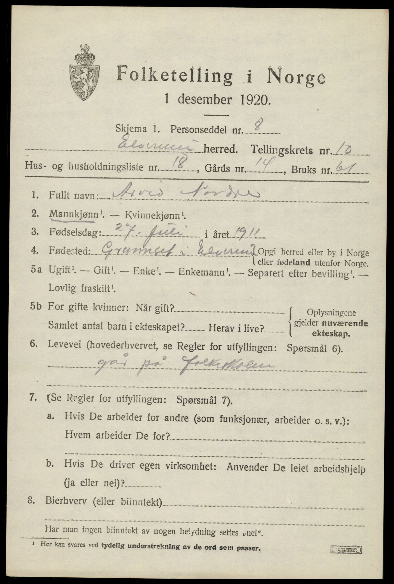 SAH, 1920 census for Elverum, 1920, p. 16052