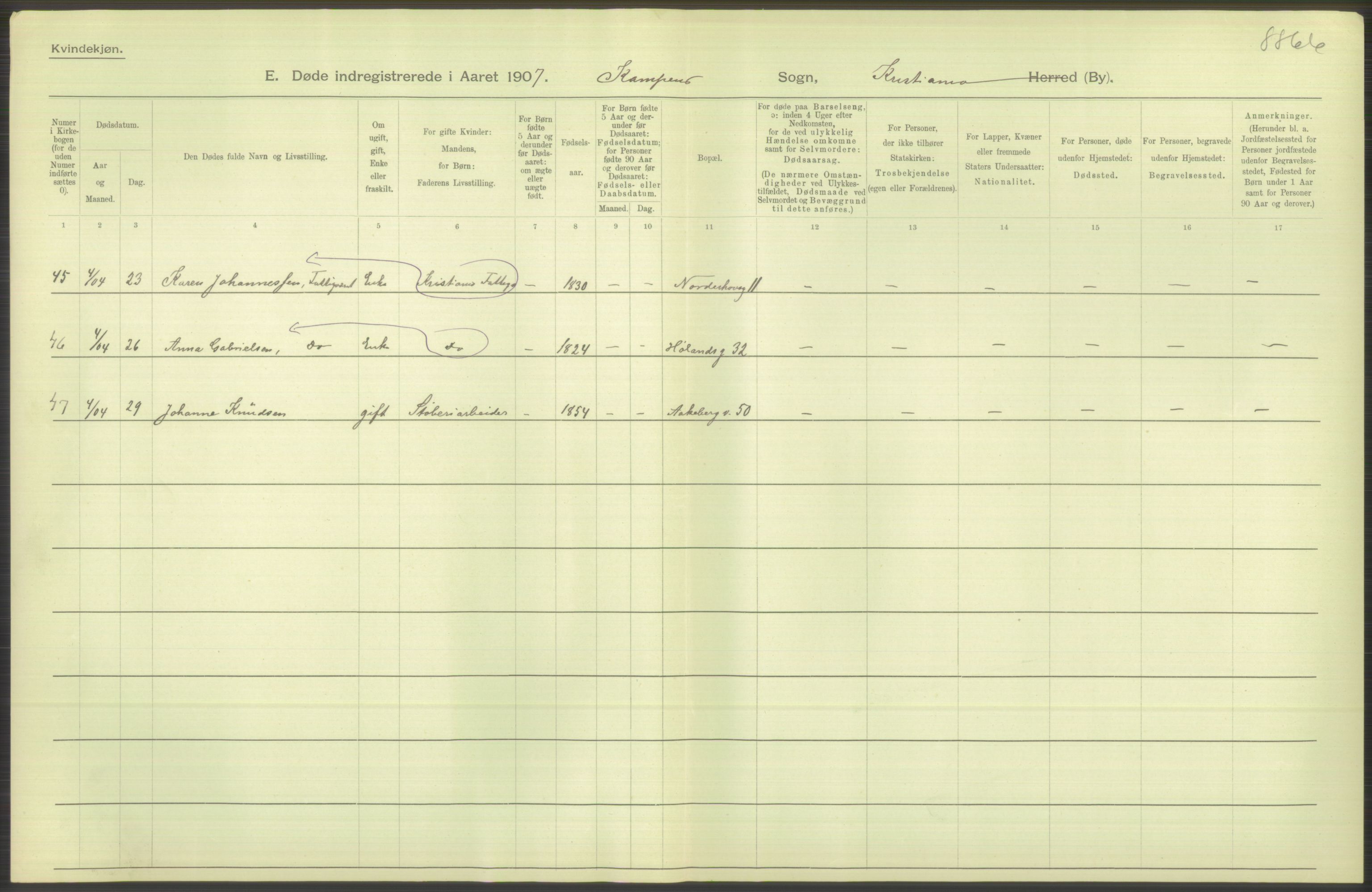 Statistisk sentralbyrå, Sosiodemografiske emner, Befolkning, AV/RA-S-2228/D/Df/Dfa/Dfae/L0009: Kristiania: Døde, 1907, p. 484