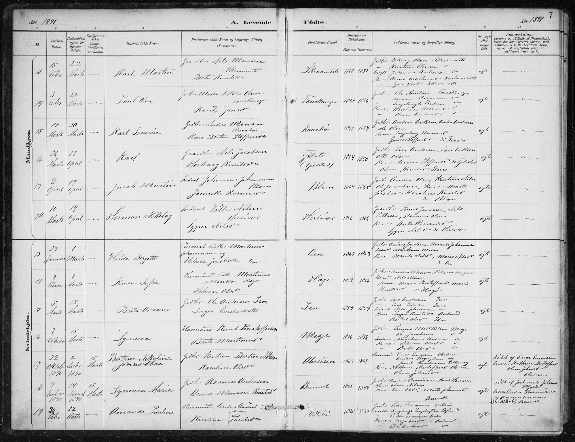 Herdla Sokneprestembete, AV/SAB-A-75701/H/Haa: Parish register (official) no. A 4, 1891-1905, p. 7