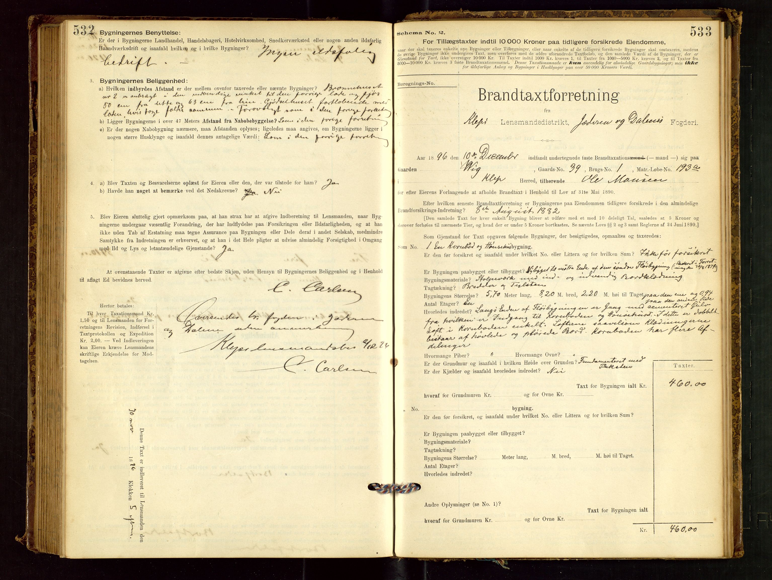 Klepp lensmannskontor, AV/SAST-A-100163/Goc/L0001: "Brandtaxationsprotokol" m/register, 1895-1898, p. 532-533