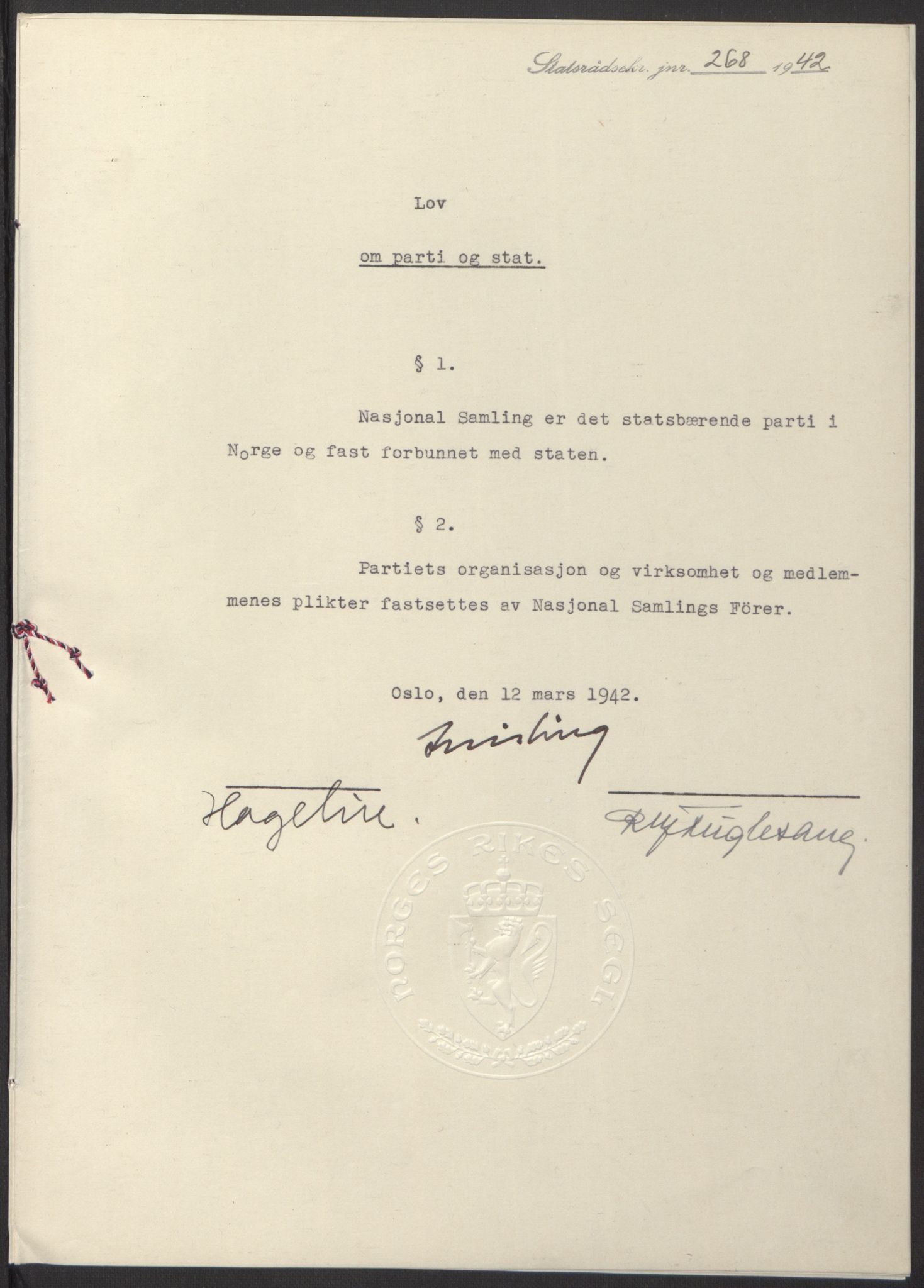 NS-administrasjonen 1940-1945 (Statsrådsekretariatet, de kommisariske statsråder mm), RA/S-4279/D/Db/L0097: Lover I, 1942, p. 154
