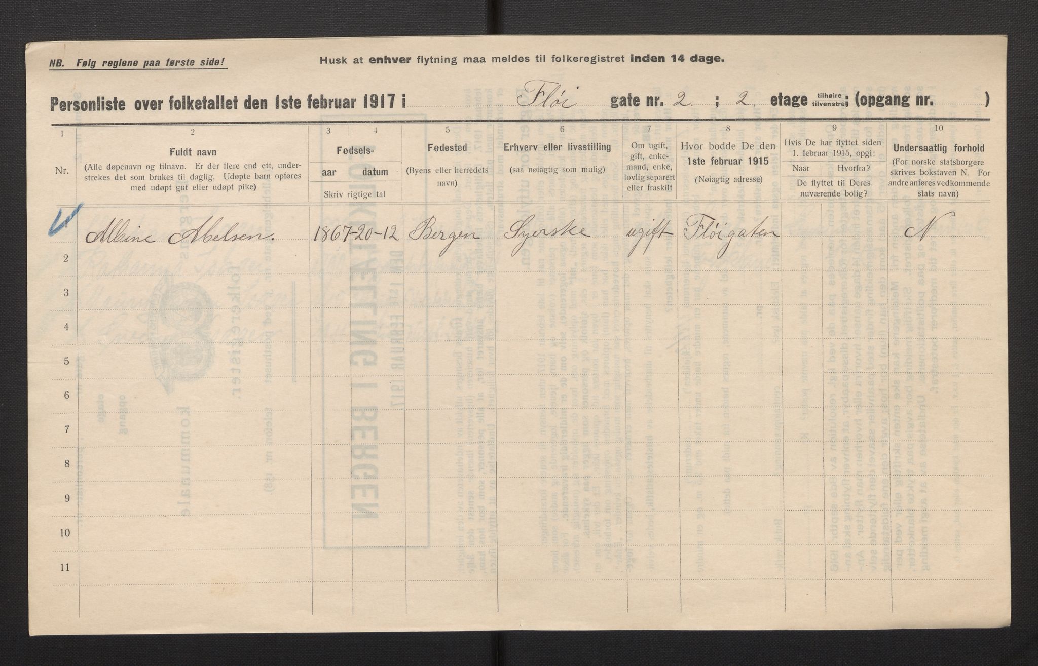 SAB, Municipal Census 1917 for Bergen, 1917, p. 7855