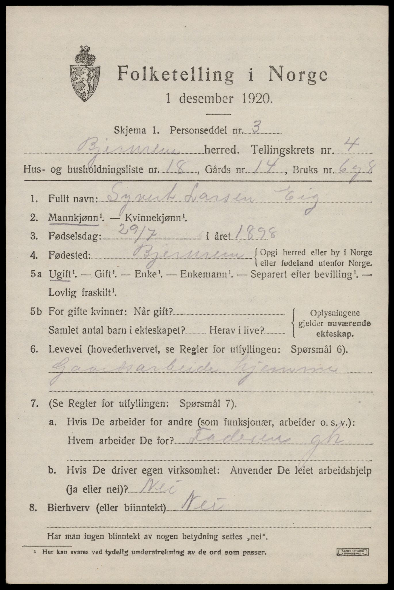 SAST, 1920 census for Bjerkreim, 1920, p. 1982