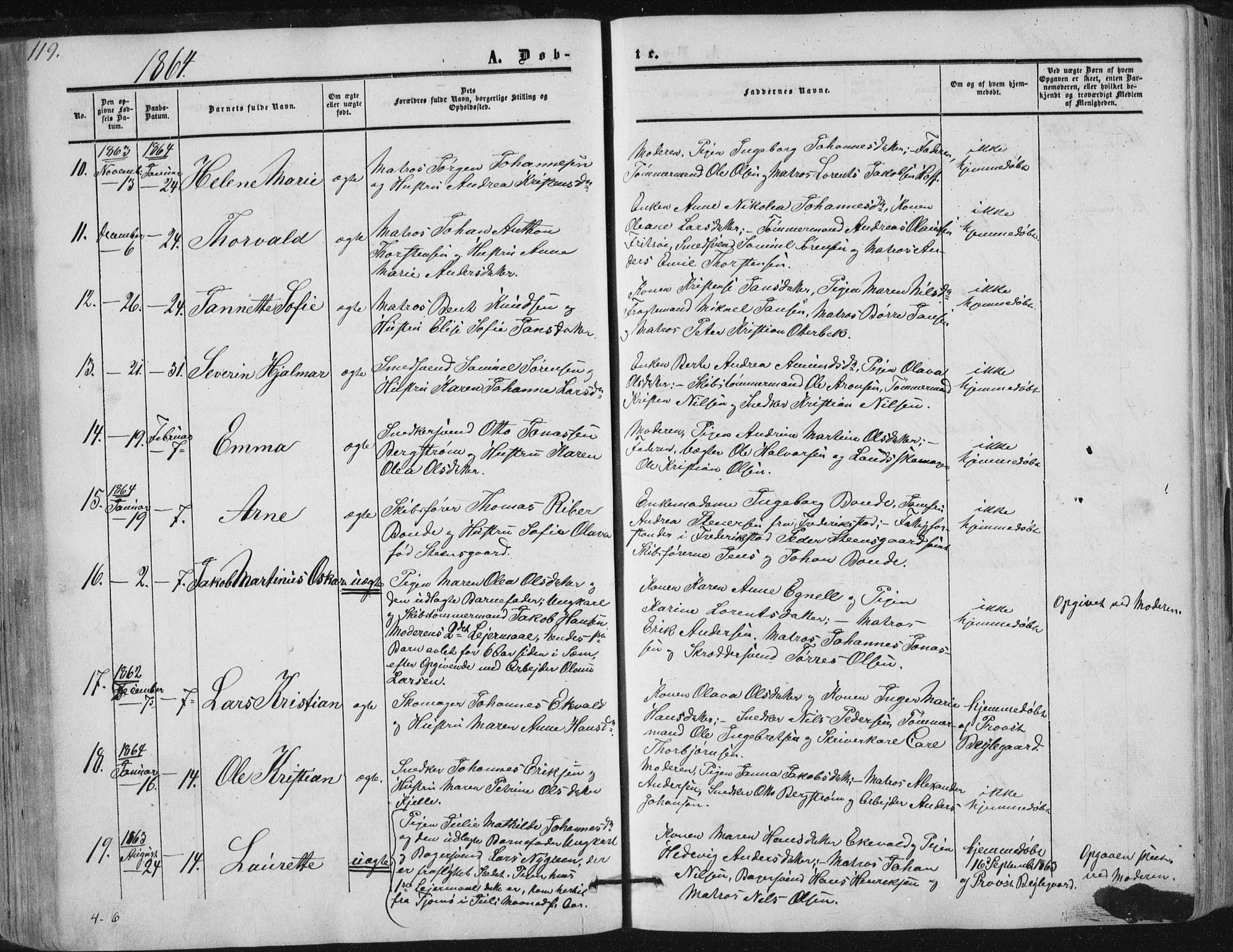 Tønsberg kirkebøker, AV/SAKO-A-330/F/Fa/L0008: Parish register (official) no. I 8, 1855-1864, p. 119