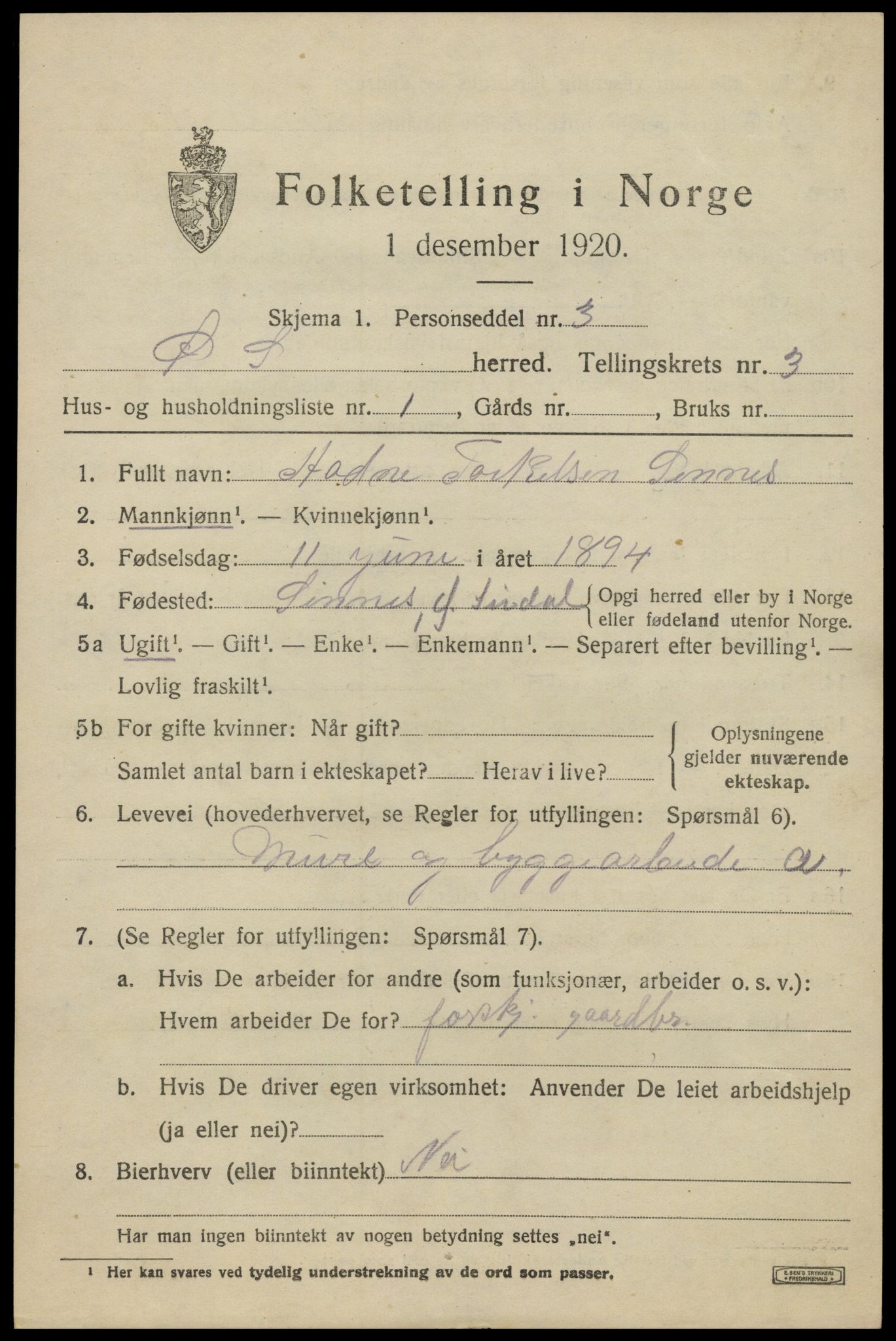 SAK, 1920 census for Øvre Sirdal, 1920, p. 537