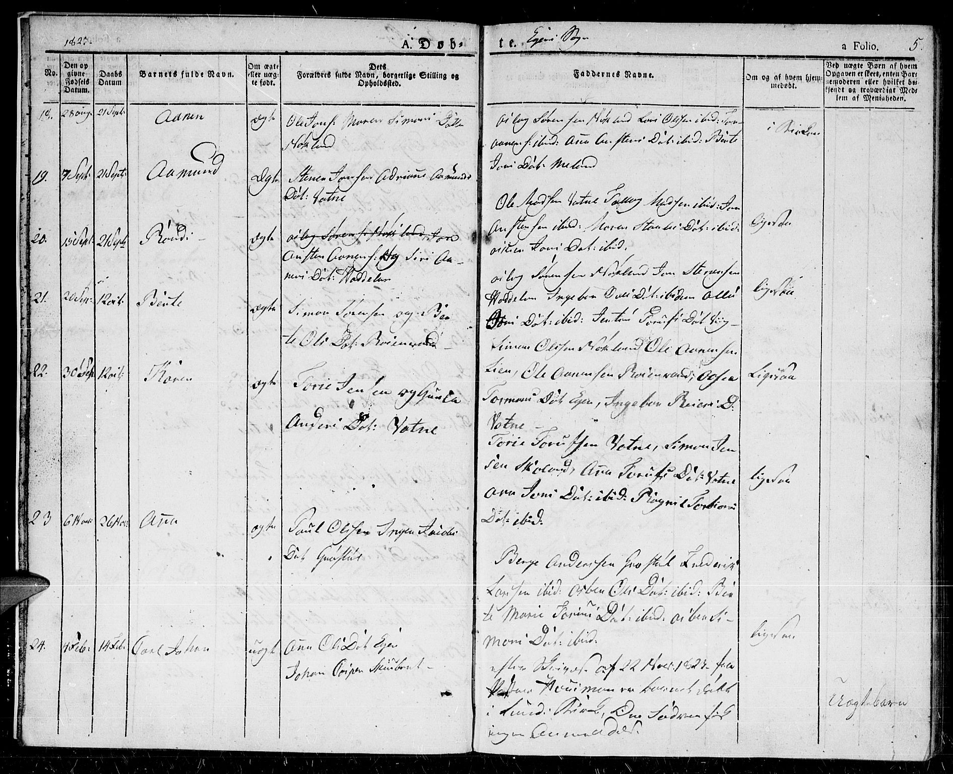 Hægebostad sokneprestkontor, AV/SAK-1111-0024/F/Fa/Fab/L0001: Parish register (official) no. A 1, 1823-1867, p. 5