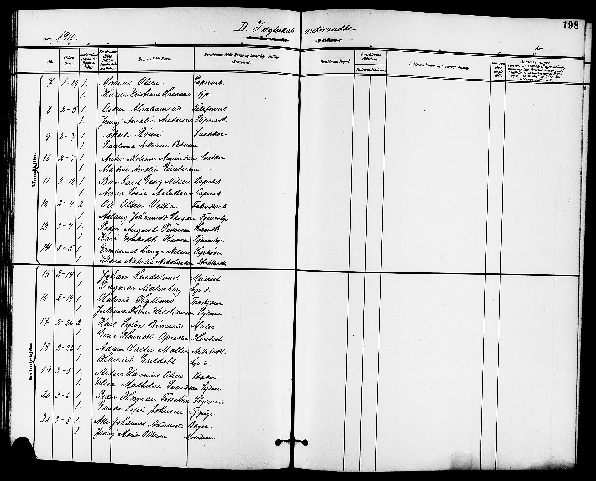 Skien kirkebøker, SAKO/A-302/G/Ga/L0008: Parish register (copy) no. 8, 1900-1910, p. 198