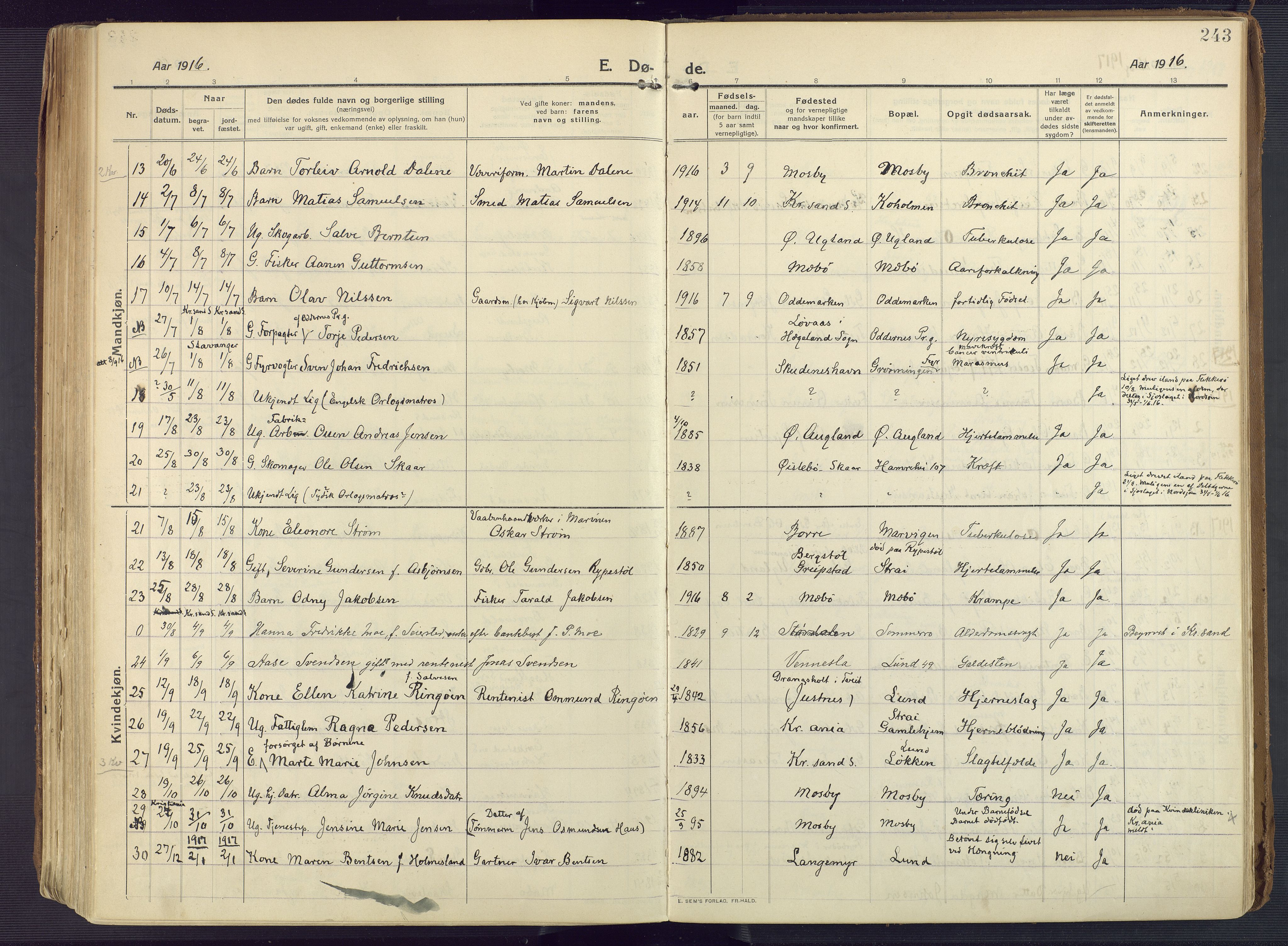 Oddernes sokneprestkontor, AV/SAK-1111-0033/F/Fa/Faa/L0012: Parish register (official) no. A 12, 1912-1925, p. 243