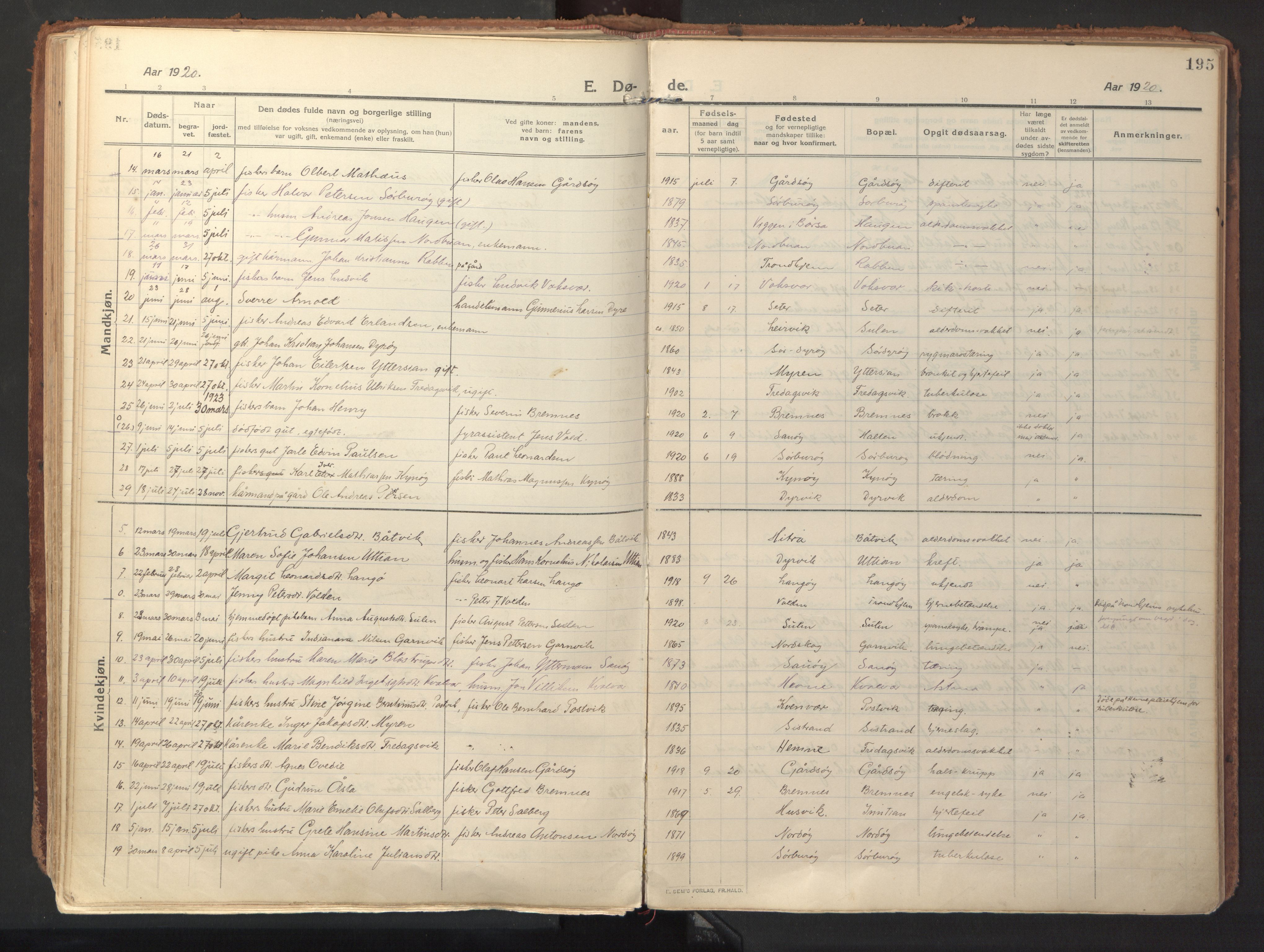 Ministerialprotokoller, klokkerbøker og fødselsregistre - Sør-Trøndelag, SAT/A-1456/640/L0581: Parish register (official) no. 640A06, 1910-1924, p. 195