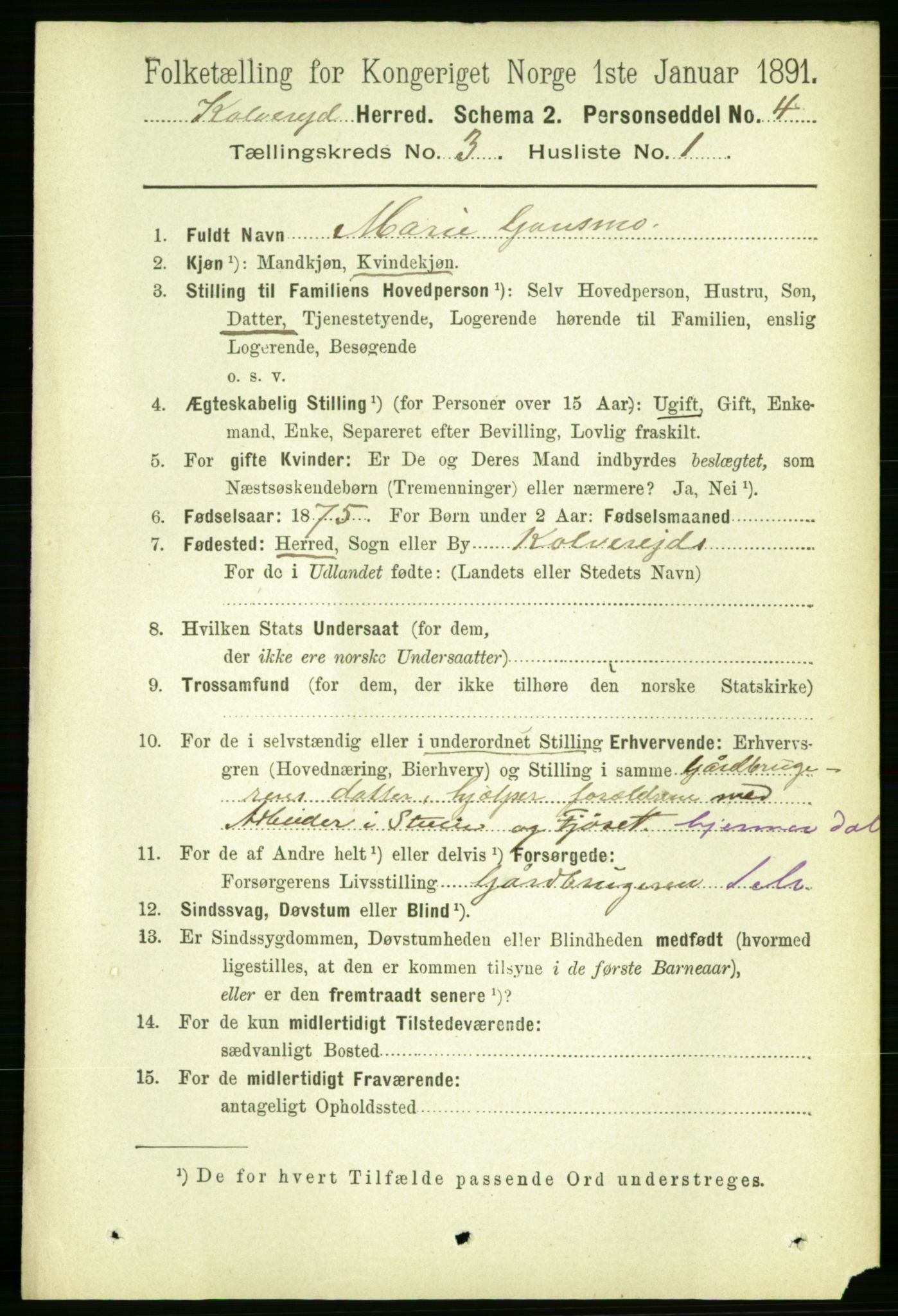 RA, 1891 census for 1752 Kolvereid, 1891, p. 883