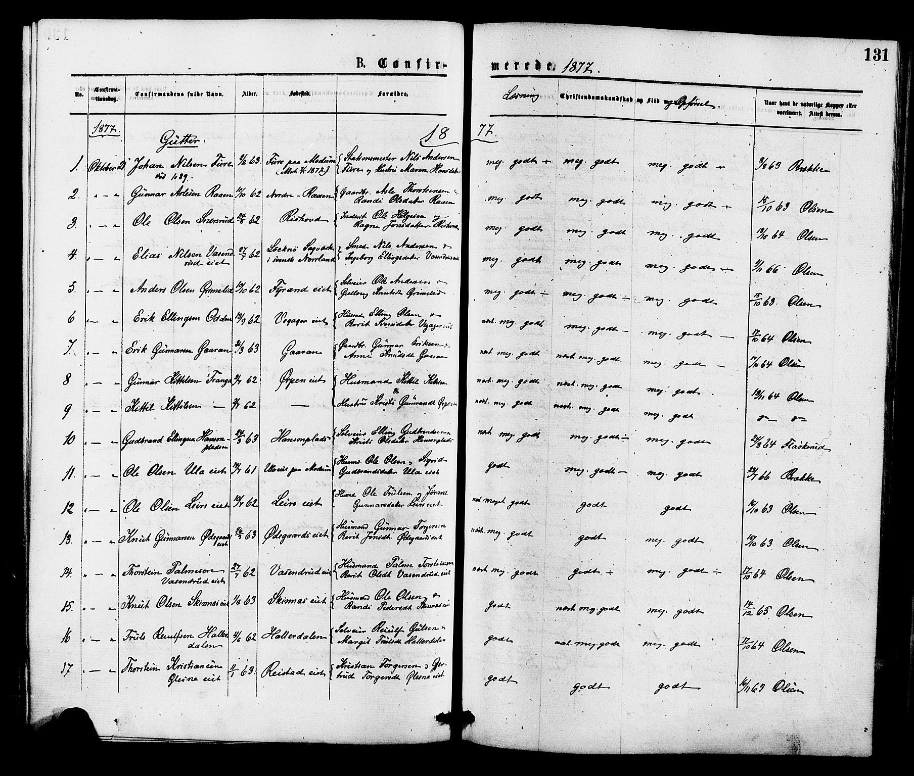 Krødsherad kirkebøker, SAKO/A-19/F/Fa/L0004: Parish register (official) no. 4, 1873-1878, p. 131