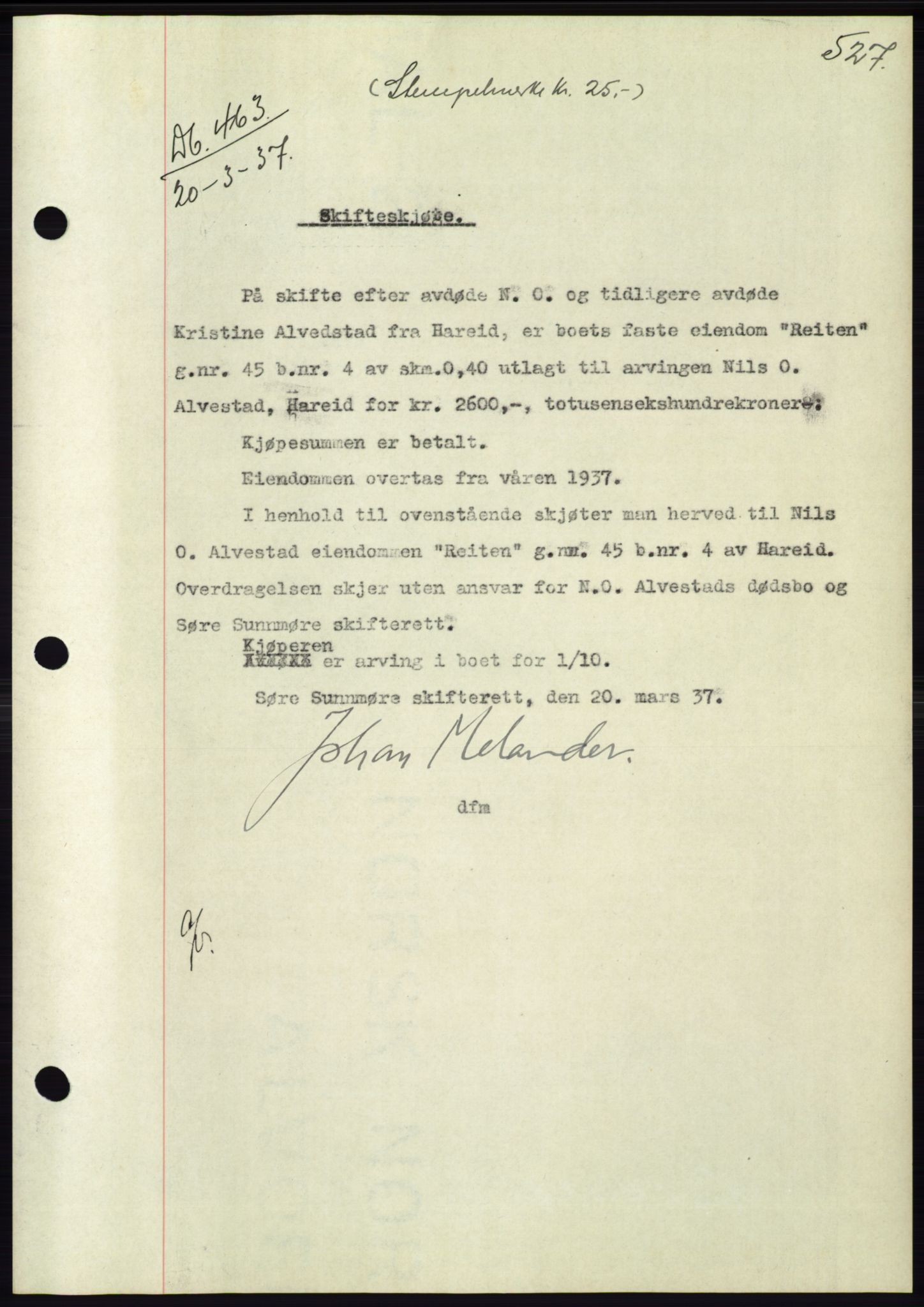 Søre Sunnmøre sorenskriveri, AV/SAT-A-4122/1/2/2C/L0062: Mortgage book no. 56, 1936-1937, Diary no: : 463/1937