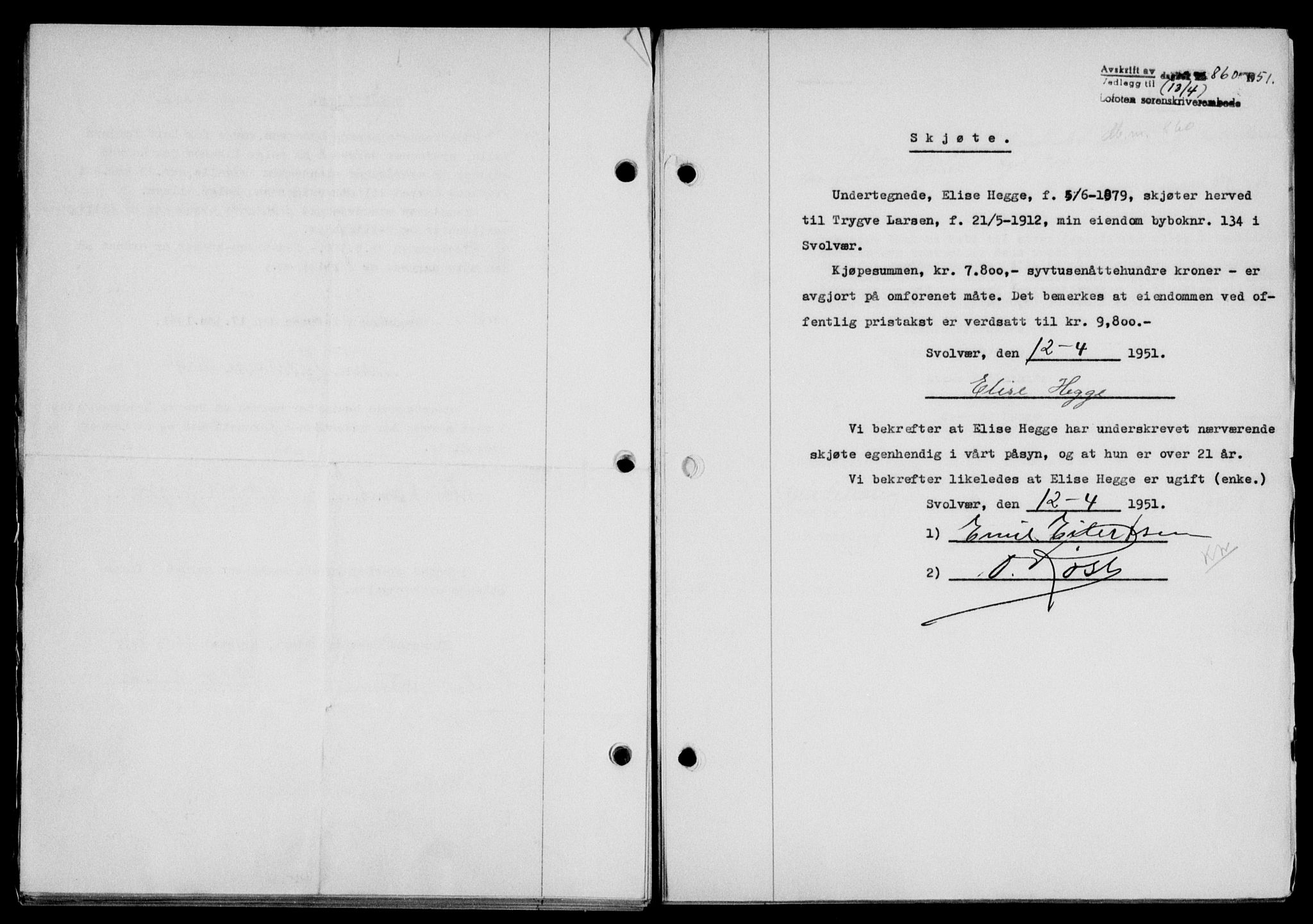 Lofoten sorenskriveri, SAT/A-0017/1/2/2C/L0025a: Mortgage book no. 25a, 1950-1951, Diary no: : 860/1951