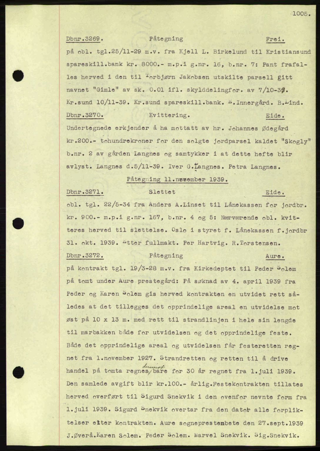 Nordmøre sorenskriveri, AV/SAT-A-4132/1/2/2Ca: Mortgage book no. C80, 1936-1939, Diary no: : 3269/1939