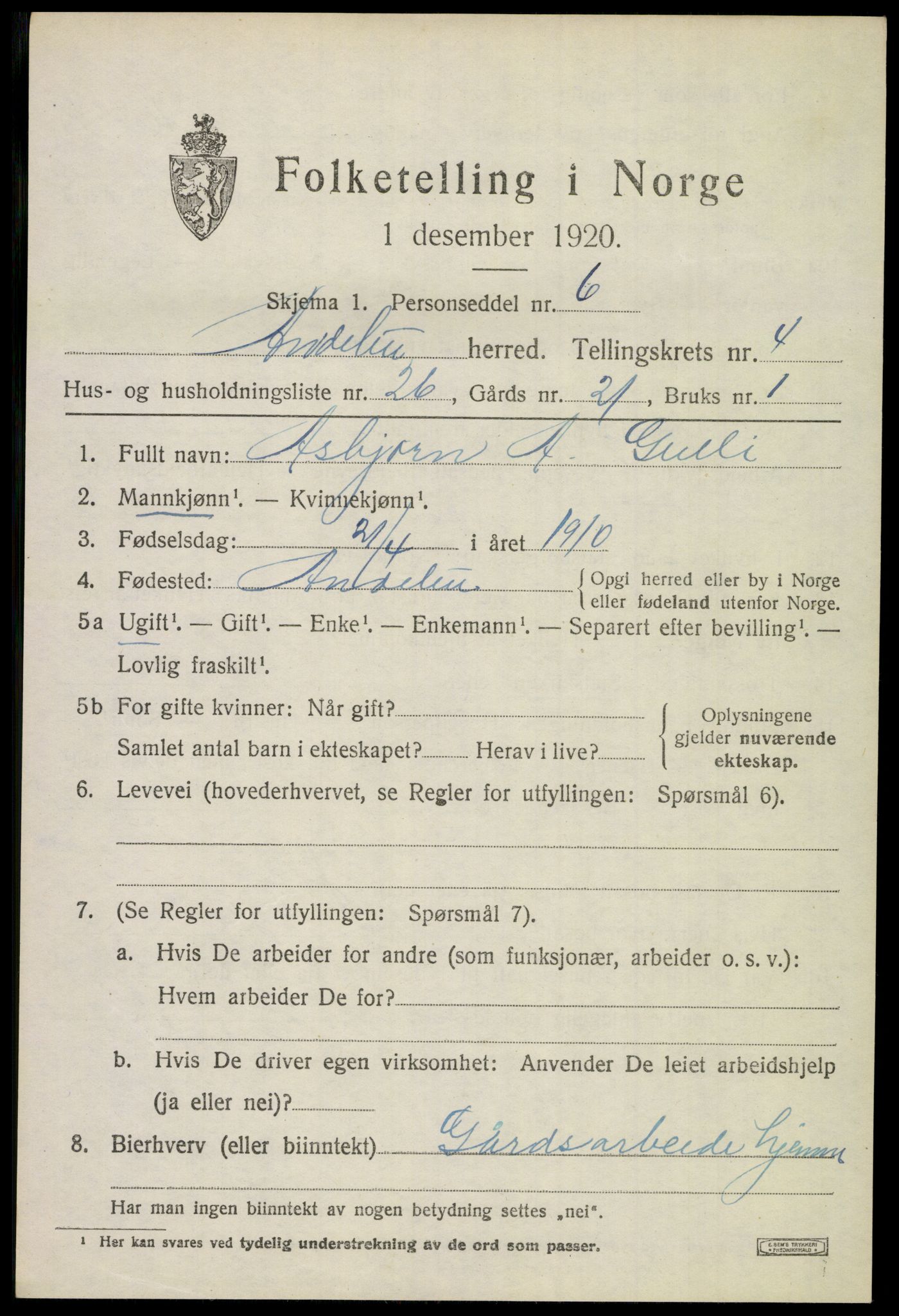SAKO, 1920 census for Andebu, 1920, p. 2614