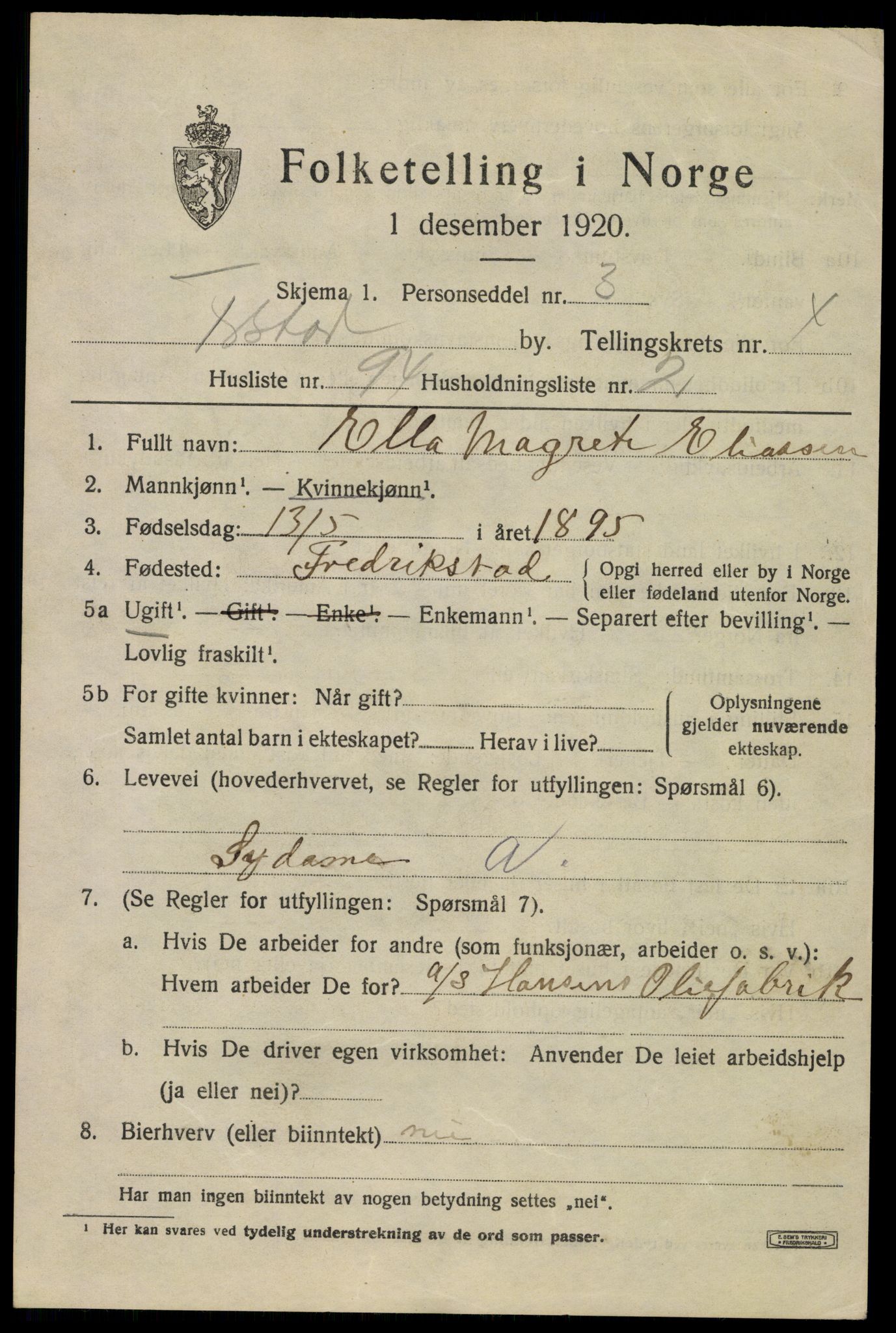 SAO, 1920 census for Fredrikstad, 1920, p. 18543