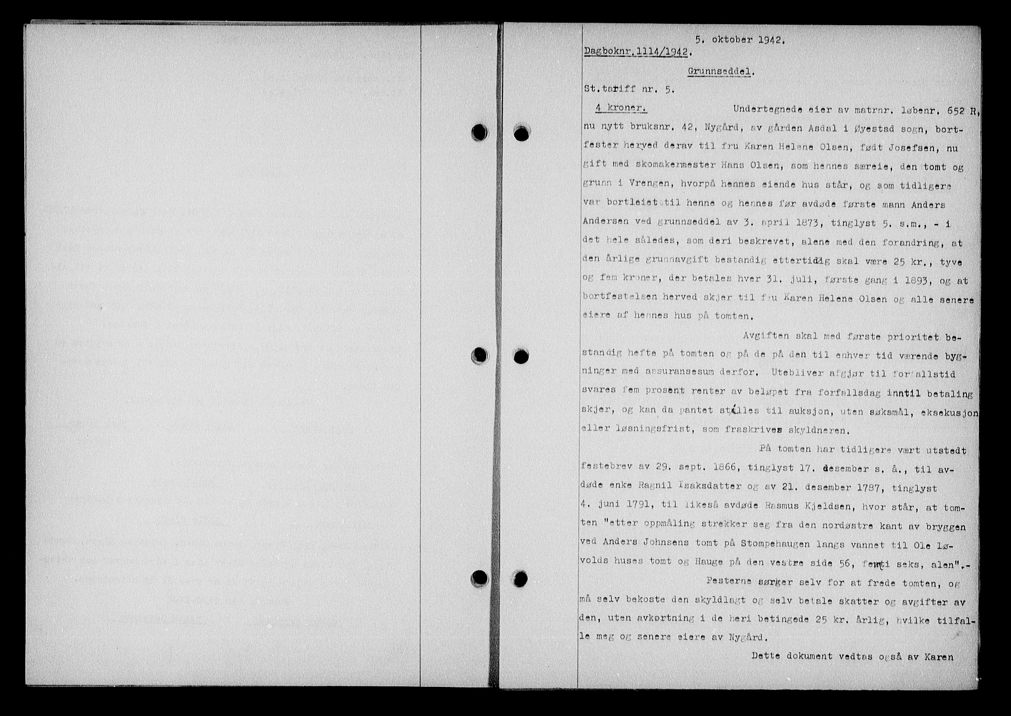 Nedenes sorenskriveri, SAK/1221-0006/G/Gb/Gba/L0050: Mortgage book no. A-IV, 1942-1943, Diary no: : 1114/1942