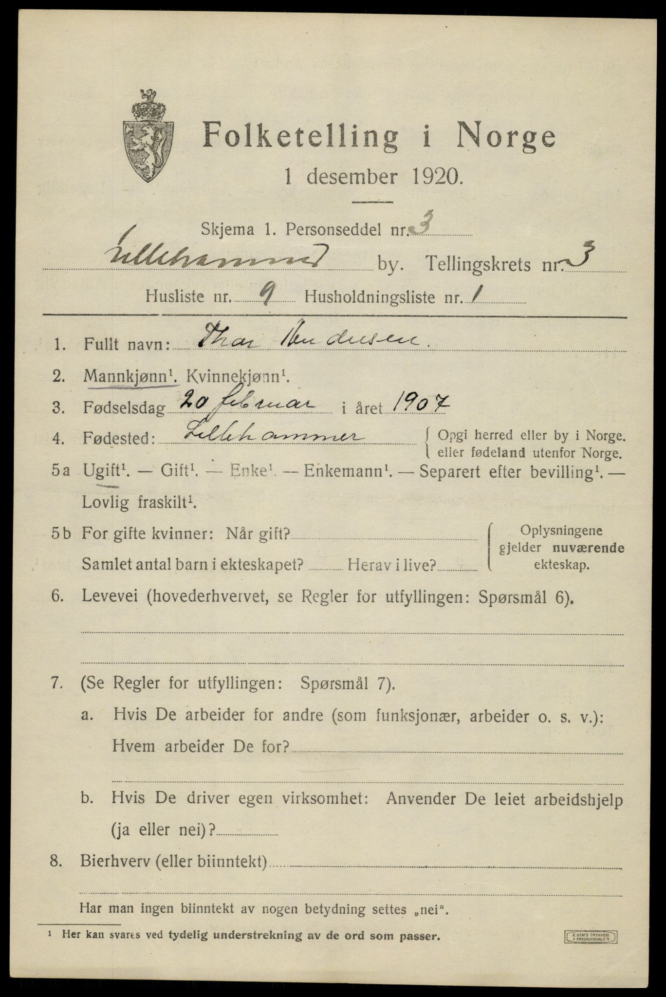 SAH, 1920 census for Lillehammer, 1920, p. 5808