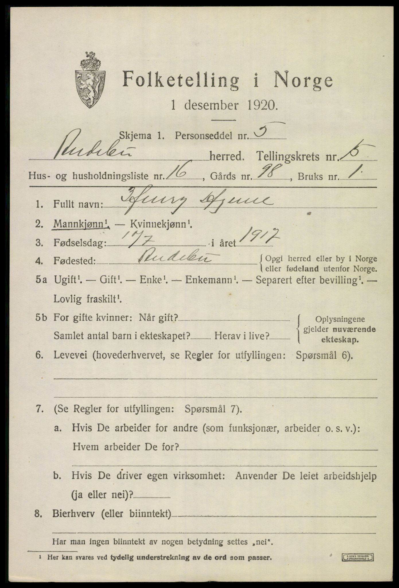 SAKO, 1920 census for Andebu, 1920, p. 5496